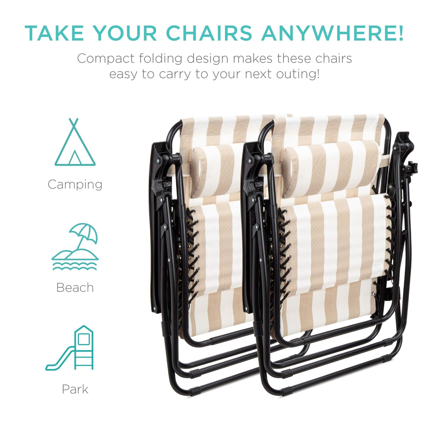 Best Choice Products Set of 2 Adjustable Steel Mesh Zero Gravity Lounge Chair Recliners w/Pillows and Cup Holder Trays, Tan Striped