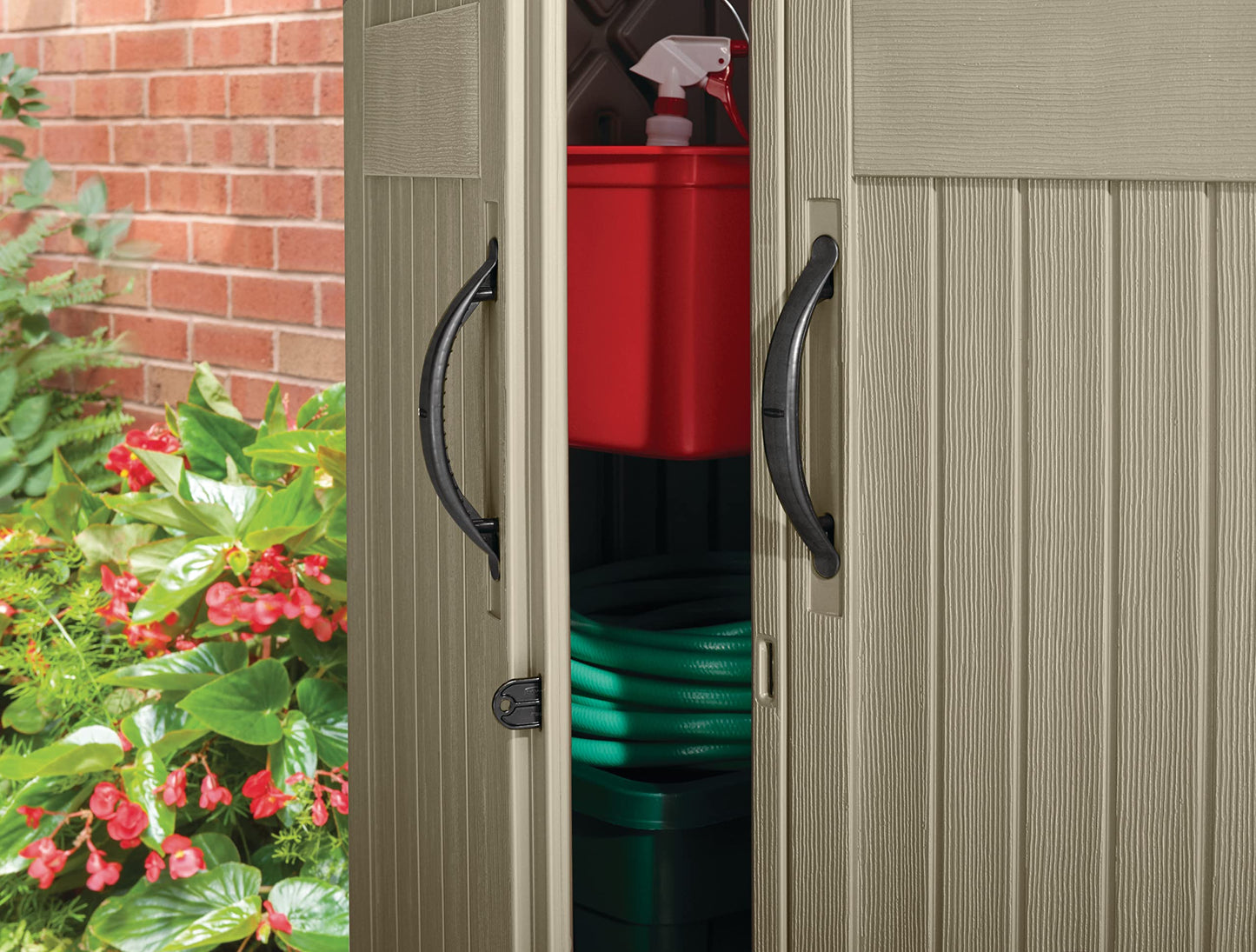 Rubbermaid Outdoor Small Vertical Resin Storage Shed, 5x2 Feet, Brown, Weather Resistant Utility Shed with Lock for Storage for Lawn Accessories/Power Tools/Outdoor Toys/Hose 5'x2'