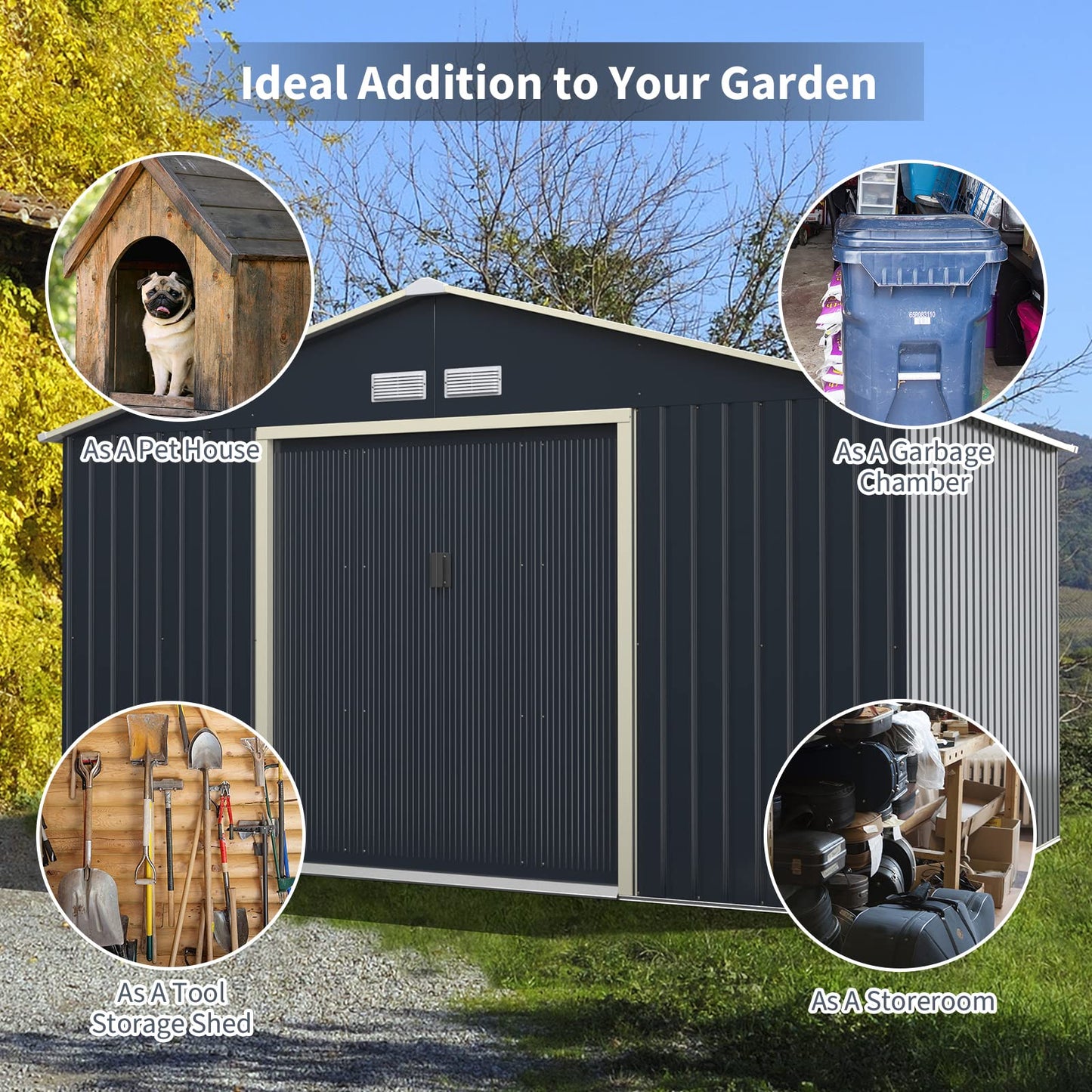 Goplus Abri de rangement extérieur 11' X 8' Abri de jardin en métal avec 4 aérations et double porte coulissante, abri de rangement utilitaire pour jardin, patio, pelouse 11' X 8'