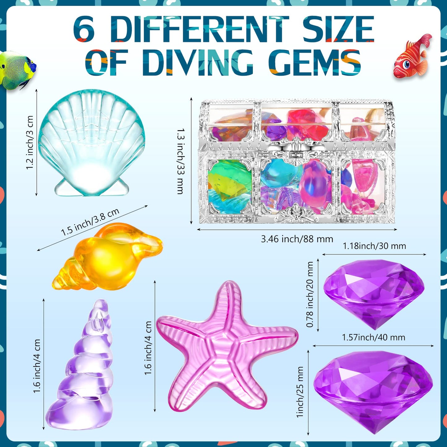 24 Pieces Diving Gem Pool Toys Colorful Summer Swimming Gem Diving Toys with 2 Treasure Pirate Boxes Summer Underwater Swimming Toy Set for Parties Birthday, Wedding Decoration Gems (Ocean Style) Ocean Style