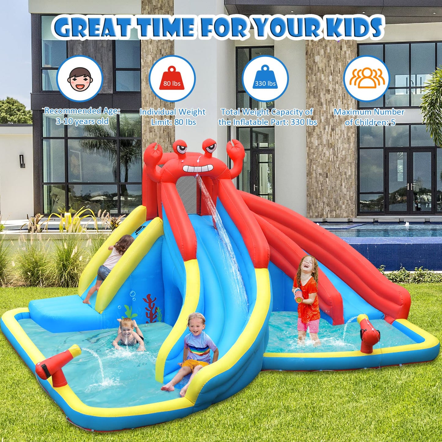BOUNTECH Inflatable Water Slide, 7 in 1 Waterslide Park for Kids Outdoor Fun with Double Long Slide, 950w Blower, Splash Pool, Crab Theme Blow up Water Slides for Kids and Adults Backyard Party Gifts With 950W Air Blower