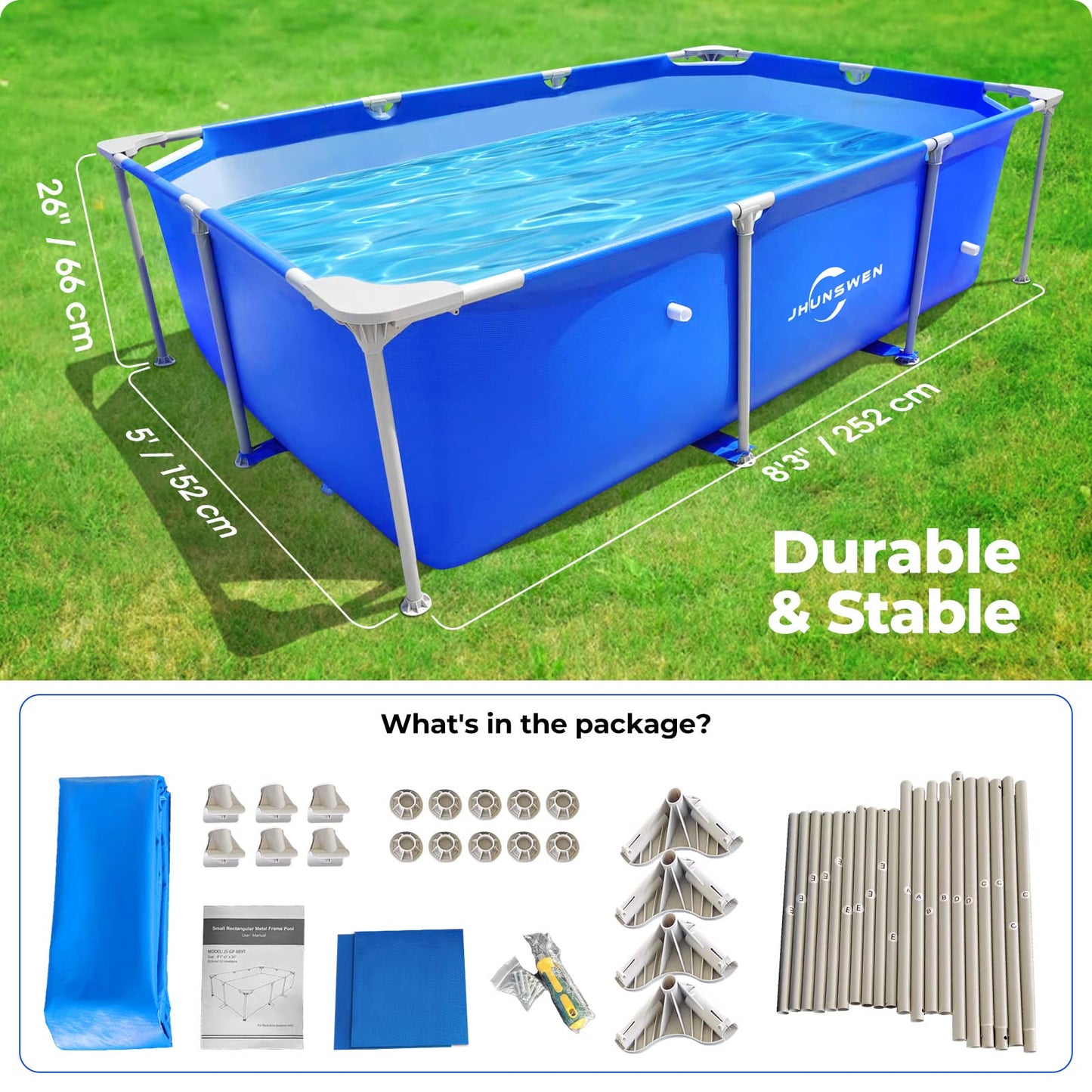 Above Ground Swimming Pool, Jhunswen 8.3ft x 5ft x 26in Outdoor Rectangular Steel Frame Pool for Adults Family, Grande Splash Square Pool for Kids, Easy Setup Pool with Repair Kit (No Filter Pump) 8ft