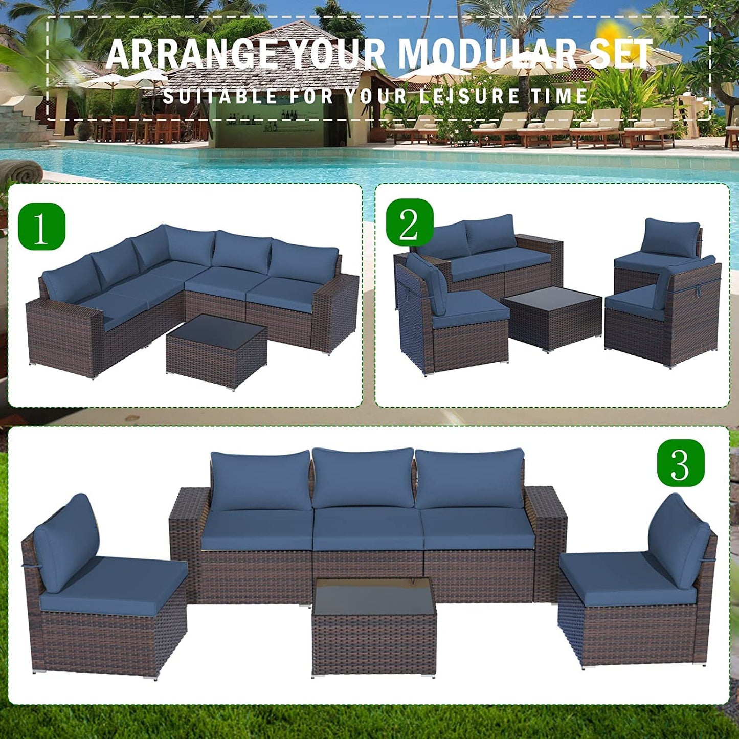 ALAULM Patio Furniture Sets 6 Pieces Patio Sectional Outdoor Furniture Patio Sofa Chairs Set - Dark Blue