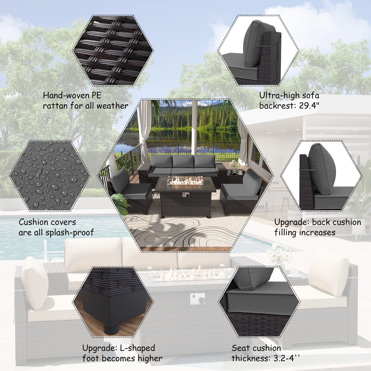 ALAULM 7 Pieces Patio Furniture Sectional Sofa with Fire Pit Table, Outdoor Patio Furniture Sets 43" Propane - Grey