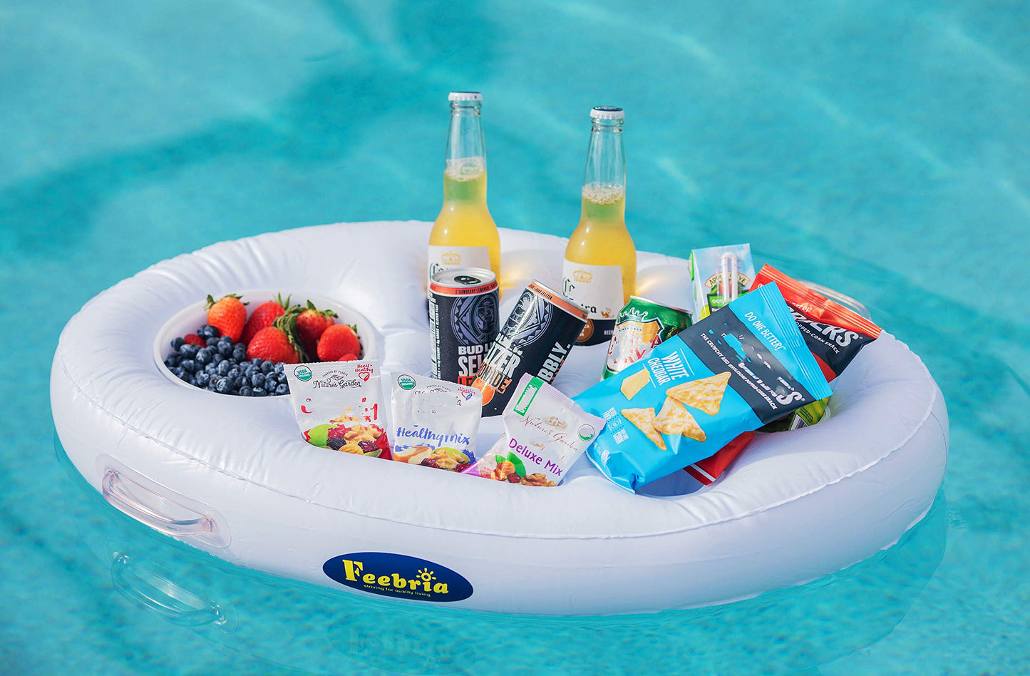 FEEBRIA Inflatable Floating Drink Holder with 9 Holes Large Capacity Drink Float for Pools & Hot Tub (White) White