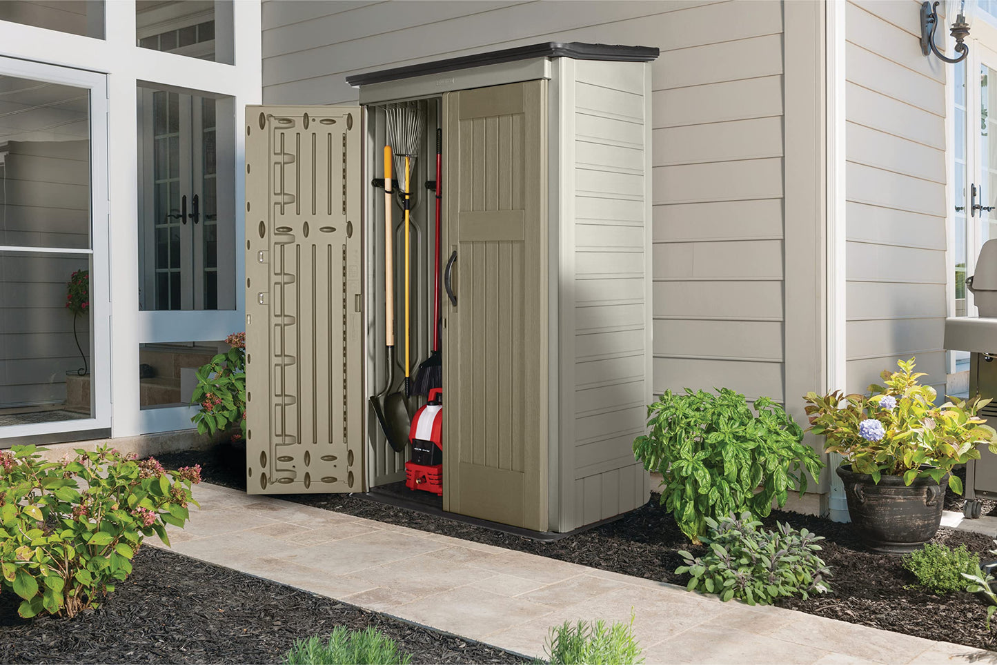 Rubbermaid Outdoor Small Vertical Resin Storage Shed, 5x2 Feet, Brown, Weather Resistant Utility Shed with Lock for Storage for Lawn Accessories/Power Tools/Outdoor Toys/Hose 5'x2'