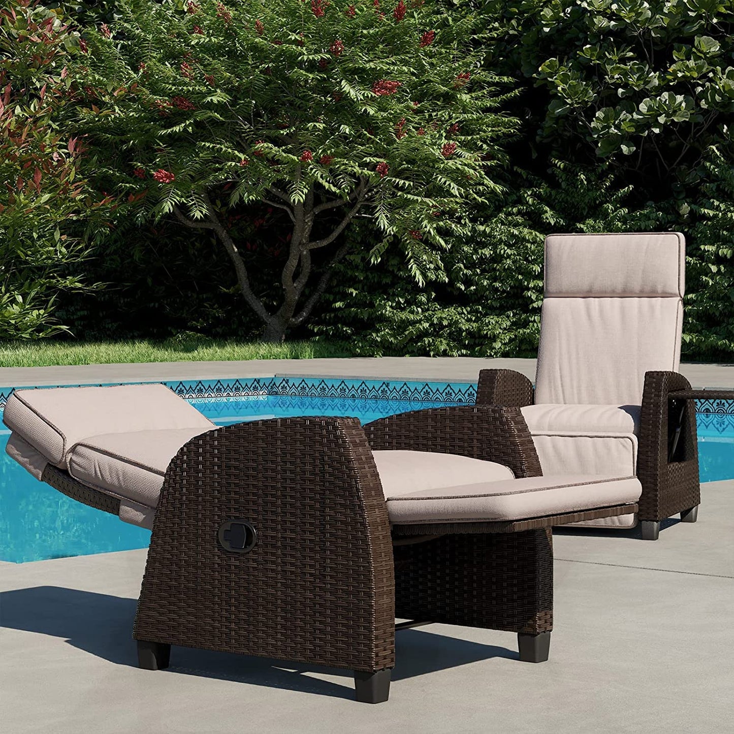 Grand patio Outdoor Recliners Set of 2 Patio Recliner Chair, All-Weather Wicker Reclining Patio Chairs, Flip-up Side Table, Recliner Chair, Flax Beige 2pcs 2 PCS