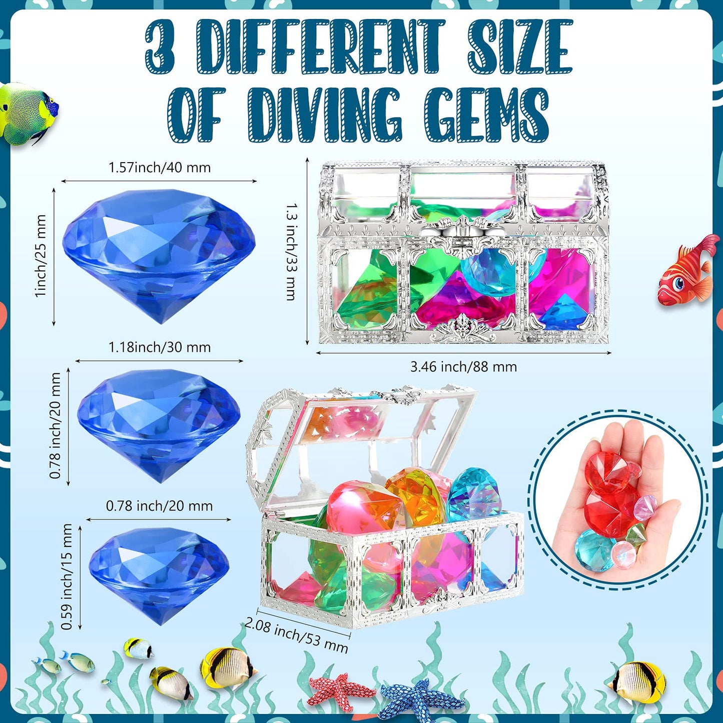 24 Pieces Diving Gem Pool Toys Colorful Summer Swimming Gem Diving Toys with 2 Treasure Pirate Boxes Summer Underwater Swimming Toy Set for Parties Birthday, Wedding Decoration Gems (Classic Style) Classic Style