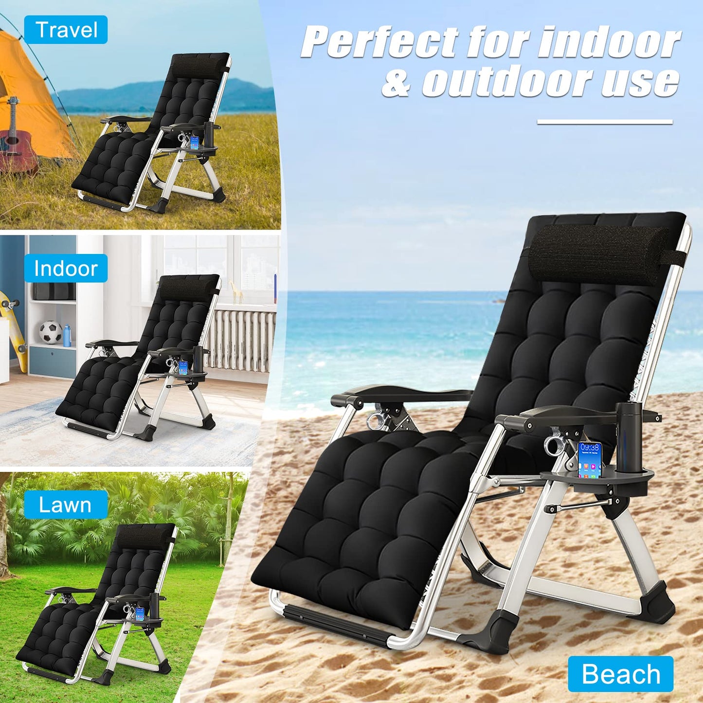 Zero Gravity Chair, Lawn Recliner, Reclining Patio Lounger Chair, Folding Portable Chaise with Detachable Soft Cushion, Cup Holder, Headrest Comfort Black Zero Gravity Chair-2Pack