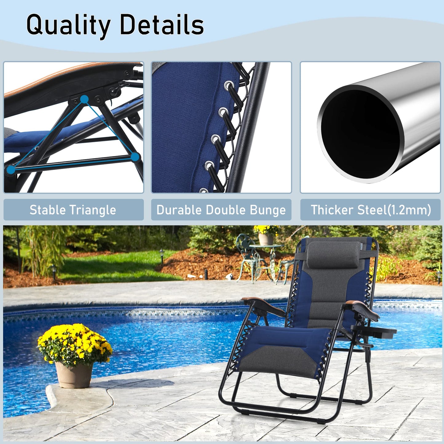 PHI VILLA Oversize XL Padded Zero Gravity Lounge Chair Family Lovers Pack with Wide Armrest Foldable Recliner, Set of 2, Support 400 LBS (Blue) Thumb Blue-oversized 2-Pack