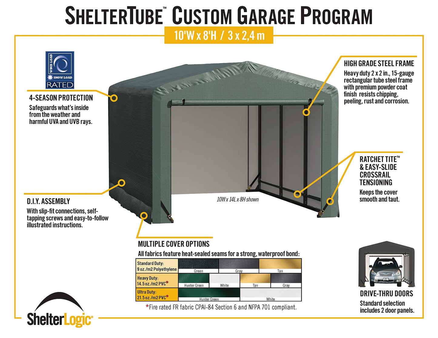 ShelterLogic ShelterTube Abri de garage et de stockage, 10' x 27' x 8', cadre en acier robuste, boîtier résistant au vent et à la neige, vert 10' x 27' x 8'