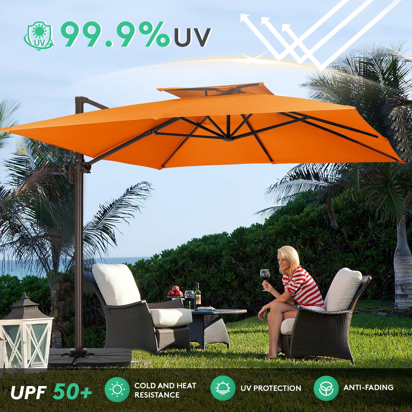 Square Cantilever Patio Umbrella 12FT Coral Orange
