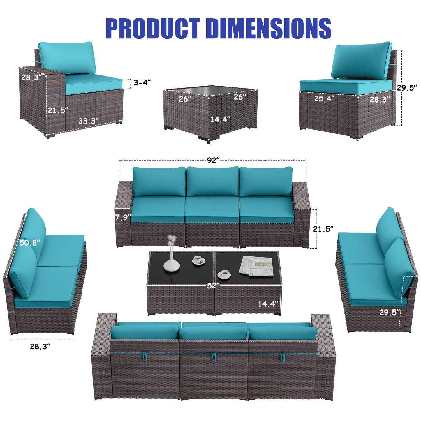 ALAULM 12 Pieces High-back Sectional Sofa Sets Outdoor Patio Furniture - Blue
