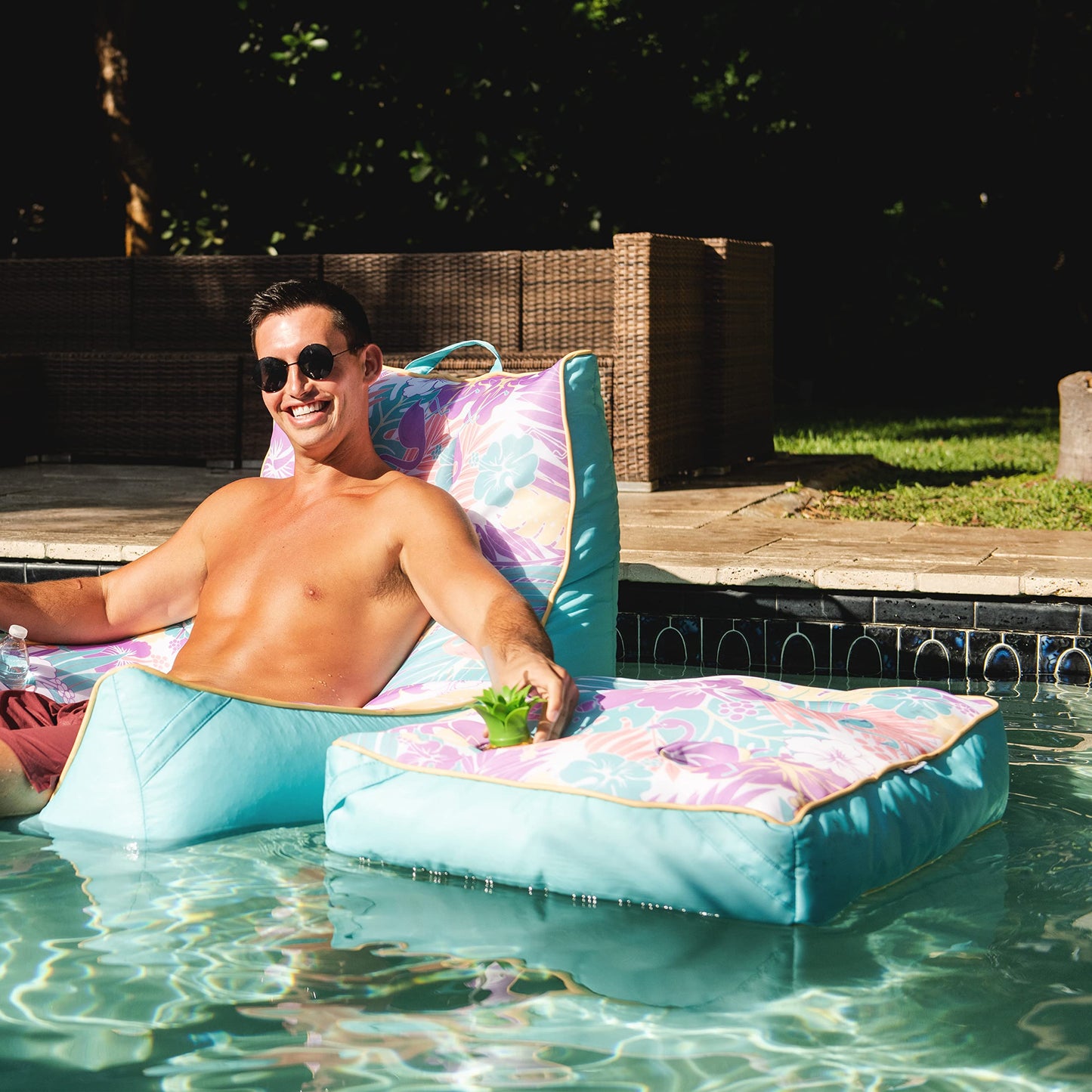 Big Joe Captain's Caddie No Inflation Needed Pool Float Drink Holder, Tropical Hibiscus Aqua Double Sided Mesh, 2ft Aqua Tropical Hibiscus Captains Caddie