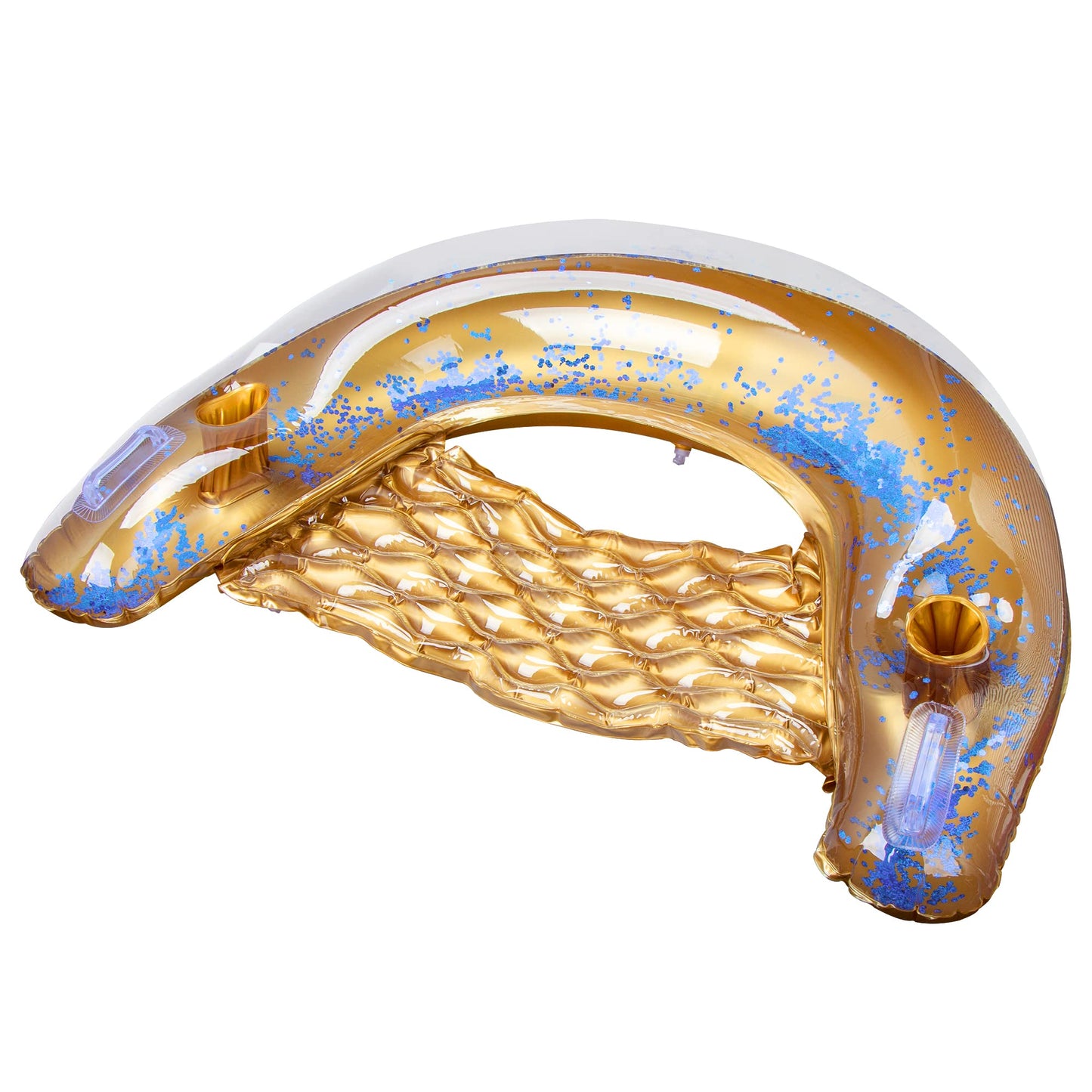 Triumpeek Inflatable Pool Float Chair, Water Lounge Floaties for Adults with Cup Holder and Backrest, Floating Tube Armchair with Glittering Spangles for Swimming Pool Summer Party Golden