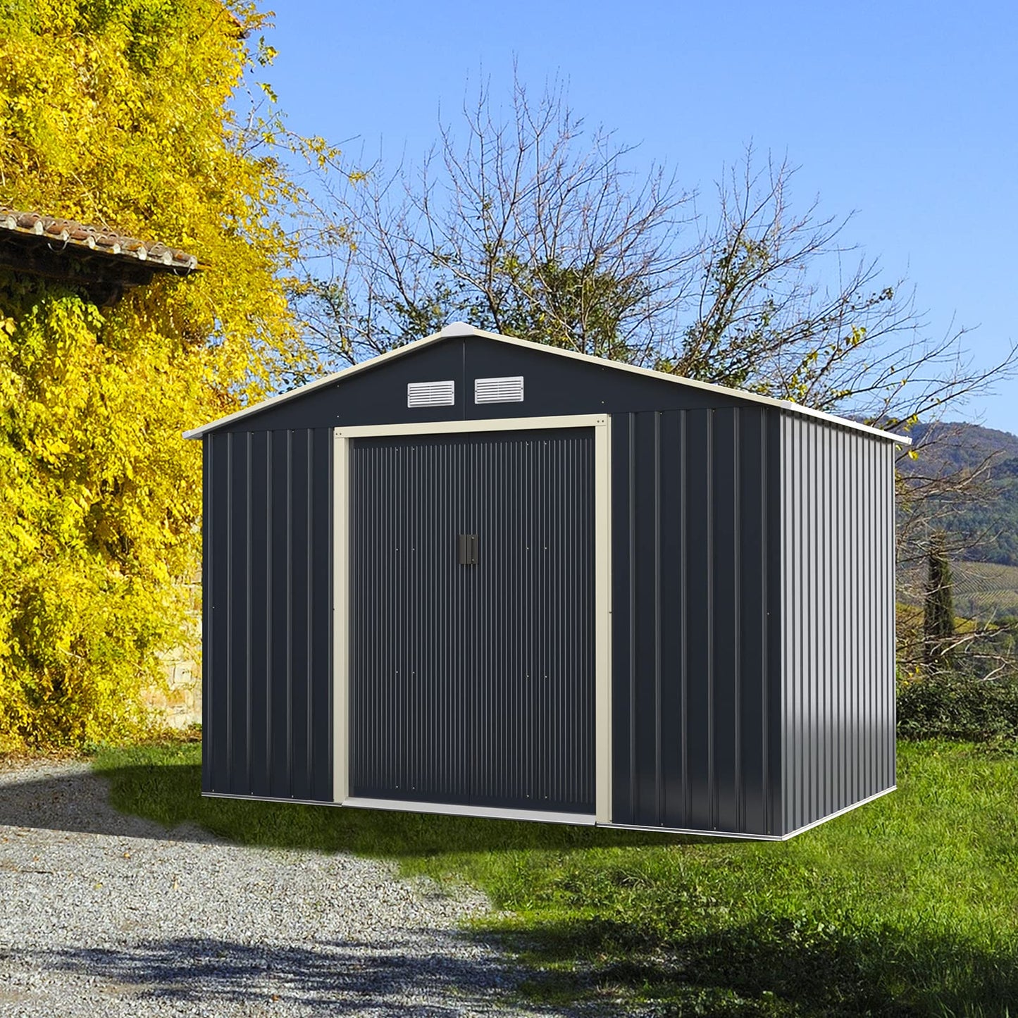 Goplus Storage Shed, Metal 9’ X 6’ Outdoor Building Organizer with 4 Vents & Double Sliding Door for Garden Backyard Farm (9'X6') 9'X6'
