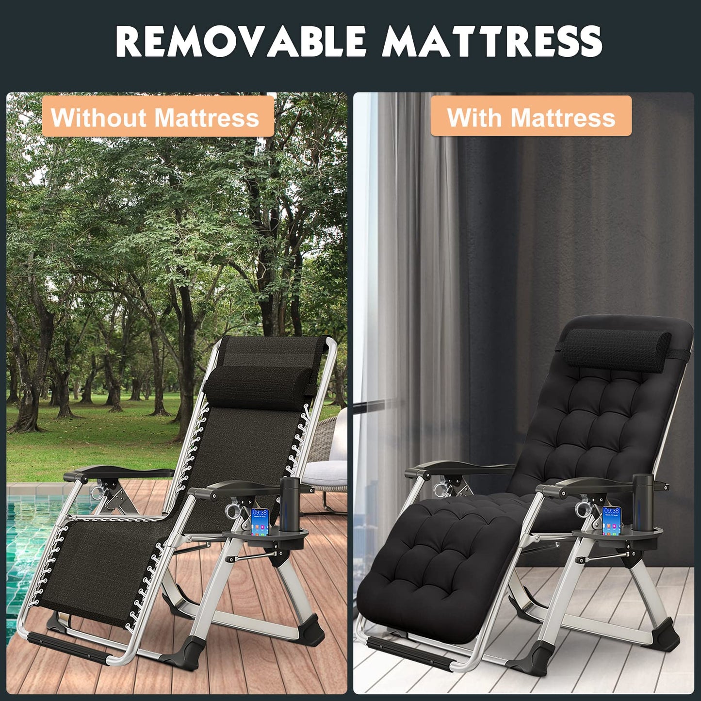 MOPHOTO Zero Gravity Chair, Outdoor Padded Lounge Chair with Side Table, Zero Gravity Recliner Chair, Outdoor Reclining Chair, Sturdy & Comfortable, Supports up to 440lbs Dark Black