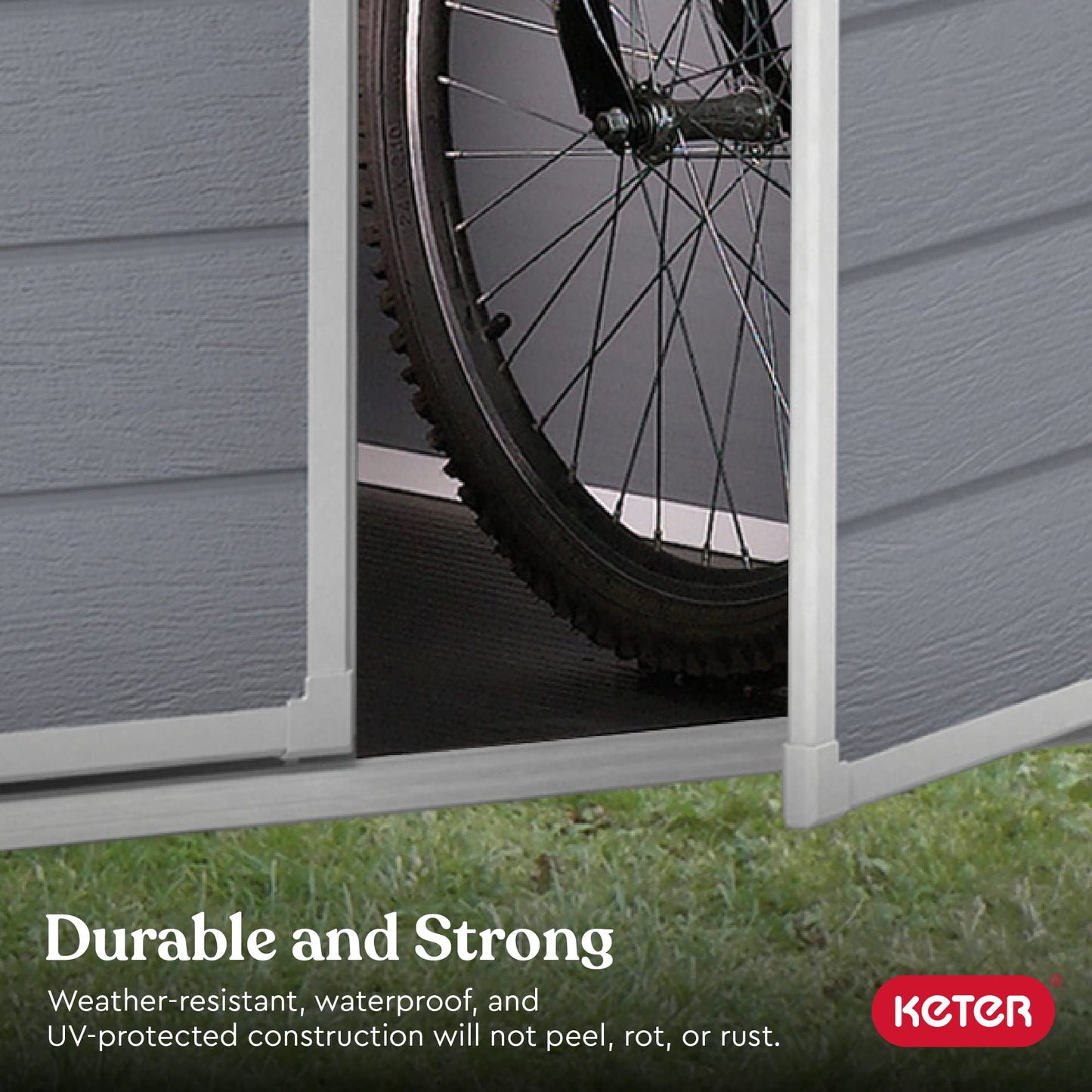 Keter Manor Kit d'abri de rangement extérieur en résine 6 x 8 - Parfait pour ranger les meubles de terrasse, les outils de jardin, les accessoires de vélo, les chaises de plage et la tondeuse à gazon, gris et blanc