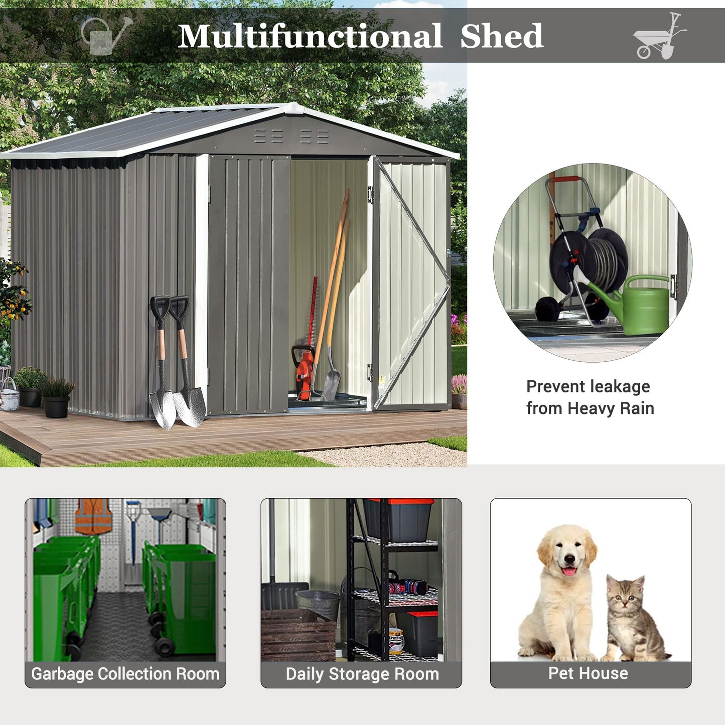 Kit d'abri de rangement extérieur pour terrasse 2,4 x 1,8 m, abri de jardin pour vélos, abri de rangement en métal avec portes verrouillables, armoire à outils avec aérations et cadre de fondation pour cour, pelouse, jardin, gris 2,4 x 1,8 m
