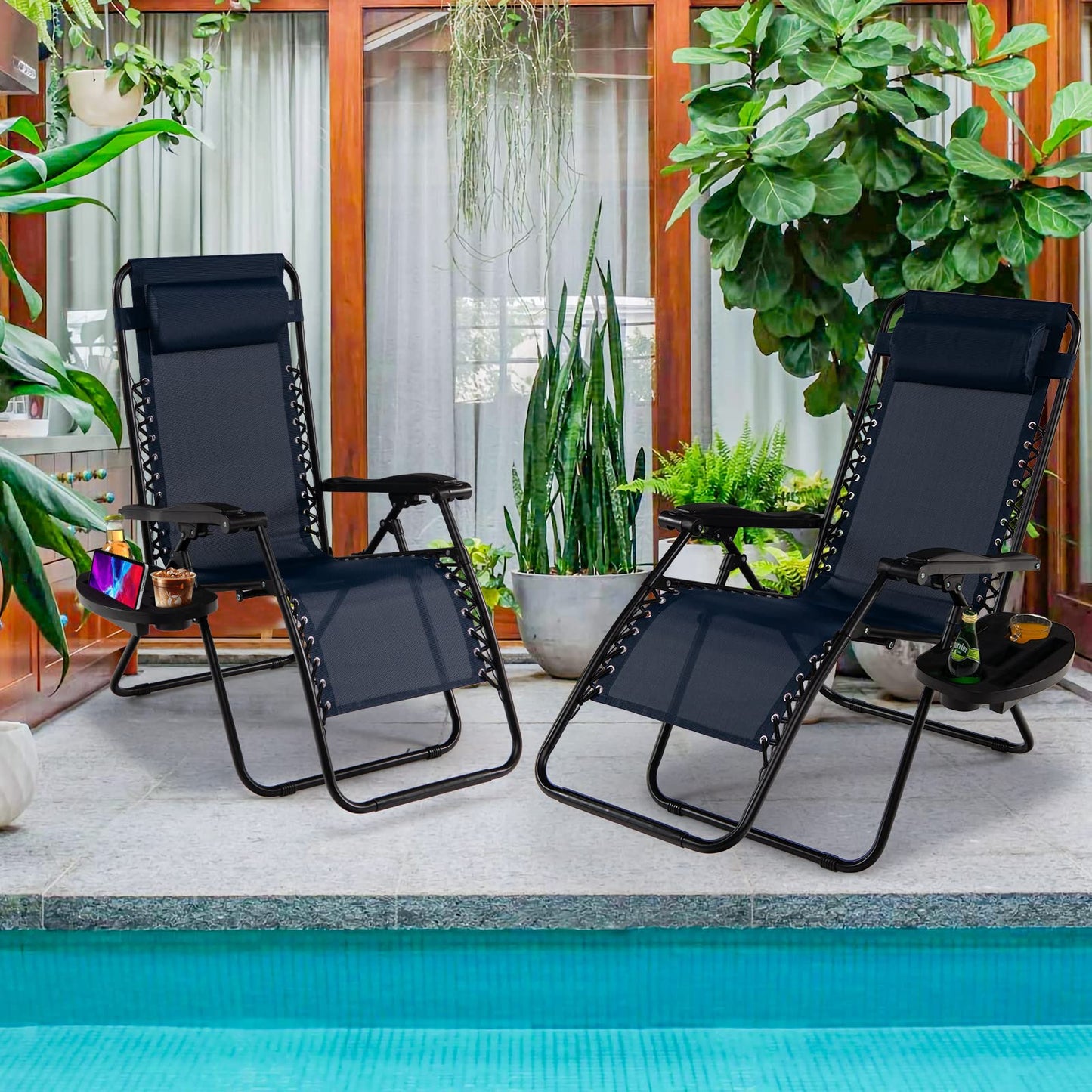 Goplus Zero Gravity Chair, Adjustable Folding Reclining Lounge Chair with Pillow and Cup Holder, Patio Lawn Recliner for Outdoor Pool Camp Yard (Set of 2, Navy) set of 2