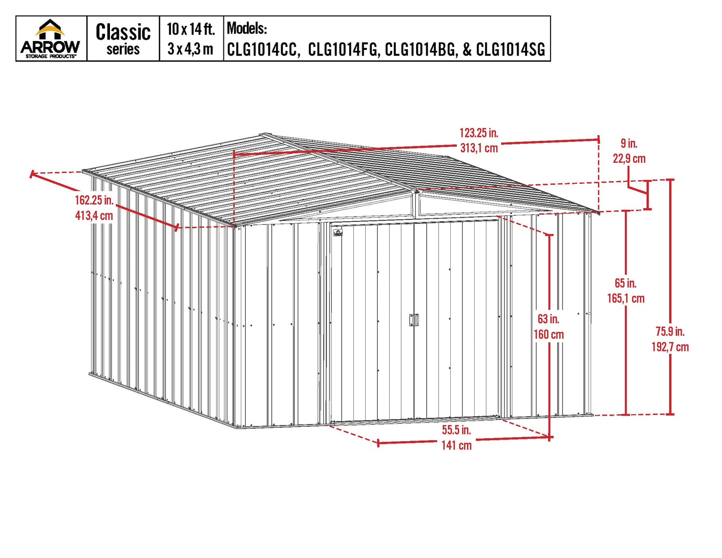 Arrow Shed Classic 10' x 14' Hangar de rangement extérieur cadenassable en acier Charbon de bois 10' x 14'