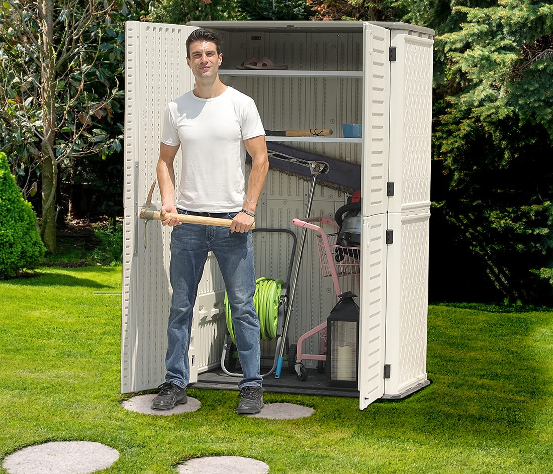 KINYING Abri de rangement extérieur étanche, armoire de rangement verticale en résine à double couche, polyvalente pour ranger les meubles de patio, les outils de jardin, les accessoires de piscine, la tondeuse (52 pieds cubes, blanc) Blanc crème-01A