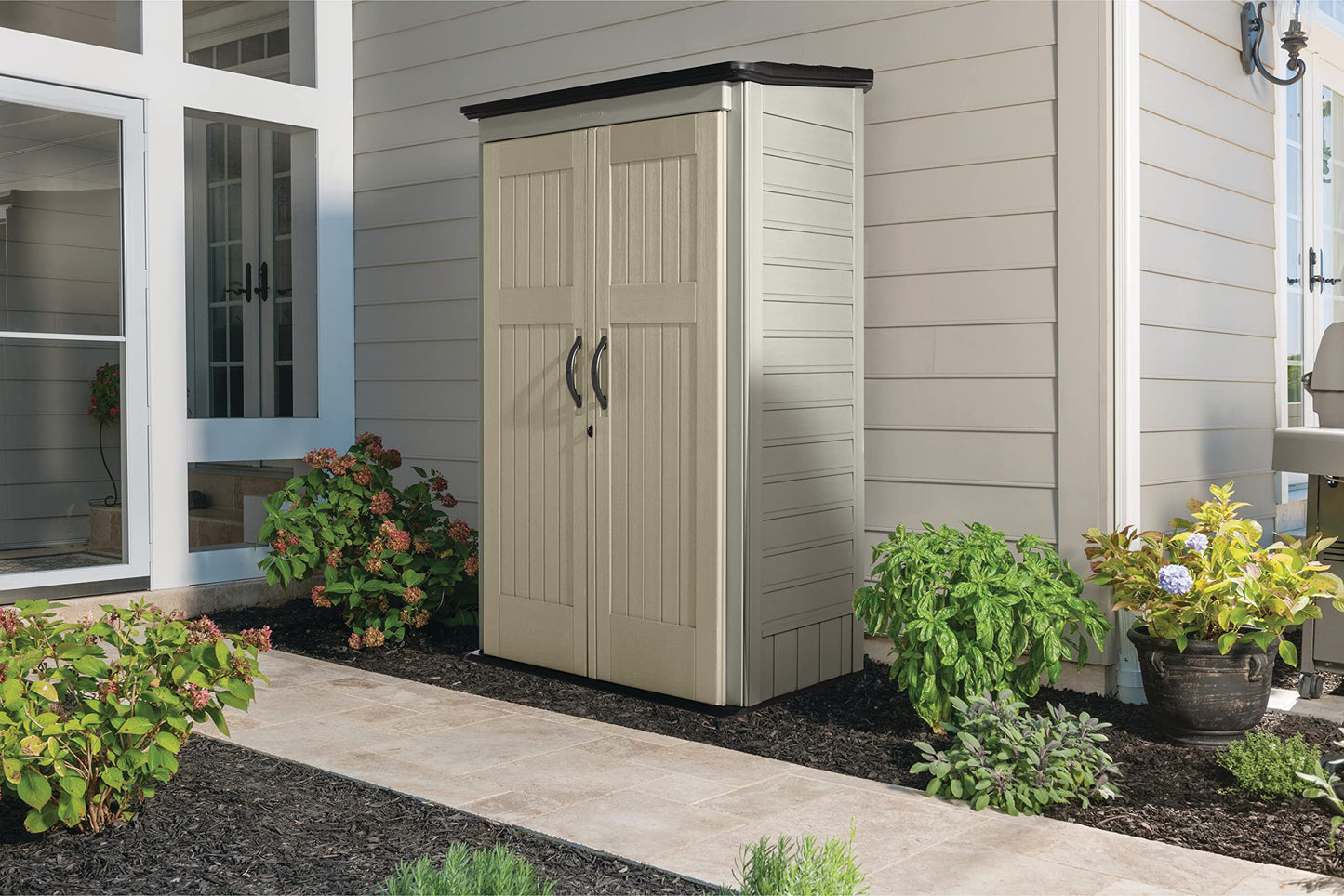 Rubbermaid Outdoor Small Vertical Resin Storage Shed, 5x2 Feet, Brown, Weather Resistant Utility Shed with Lock for Storage for Lawn Accessories/Power Tools/Outdoor Toys/Hose 5'x2'