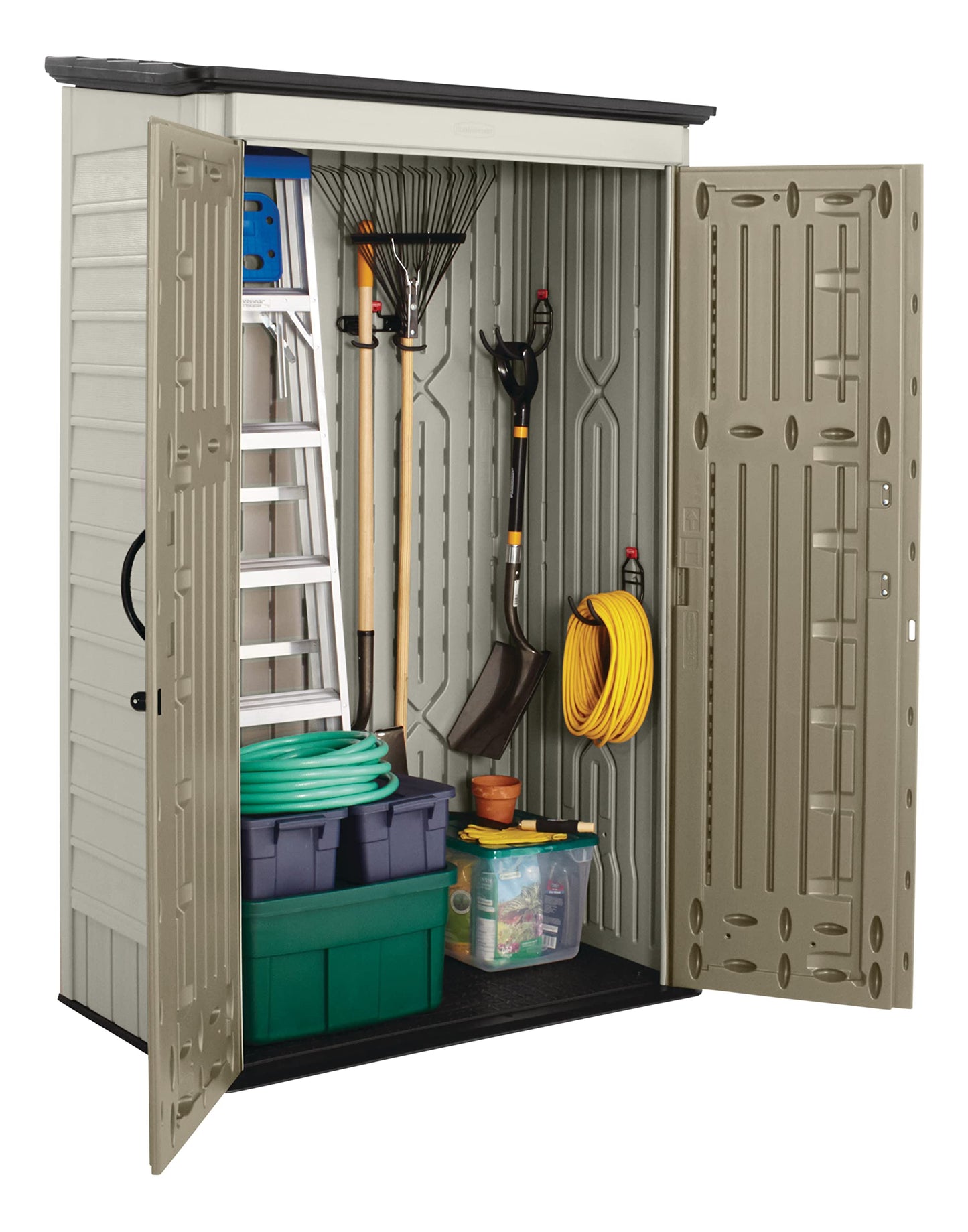 Rubbermaid Outdoor Small Vertical Resin Storage Shed, 5x2 Feet, Brown, Weather Resistant Utility Shed with Lock for Storage for Lawn Accessories/Power Tools/Outdoor Toys/Hose 5'x2'