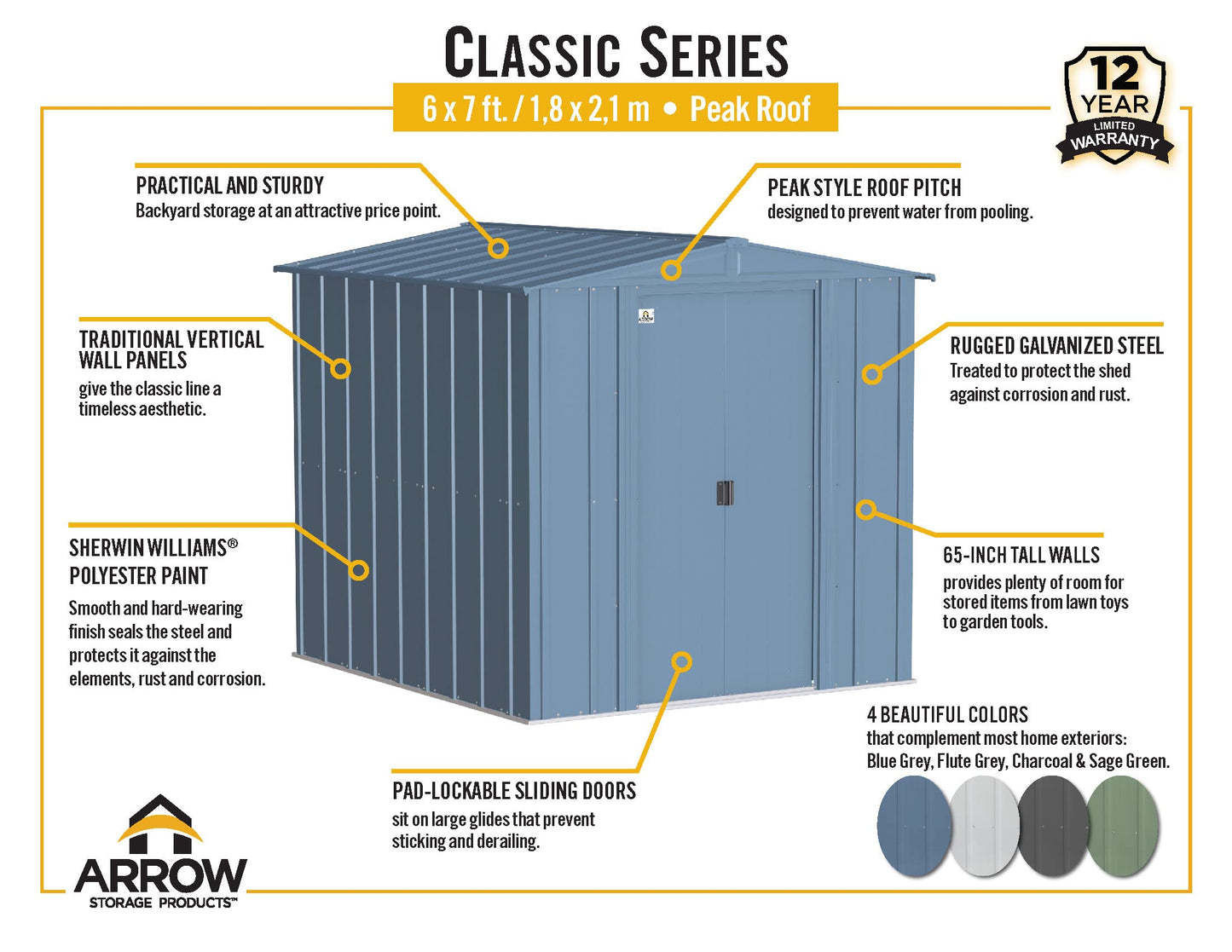 Arrow Shed Classic 6' x 7' Hangar de rangement extérieur cadenassable en acier Charbon de bois 6' x 7'