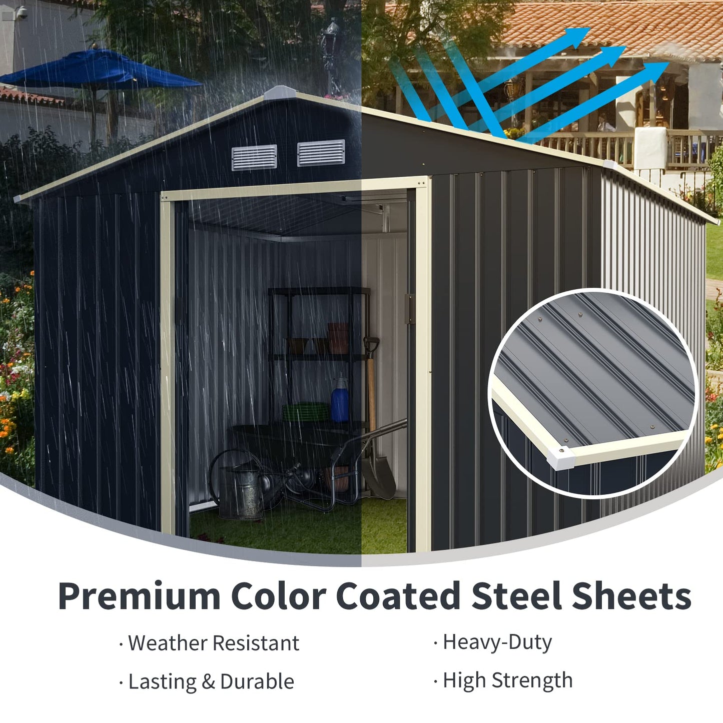 Goplus Outdoor Storage Shed, 9' X 8' Metal Garden Shed with 4 Vents & Double Sliding Door, Utility Tool Shed Storage House for Backyard, Patio, Lawn 9'X8'