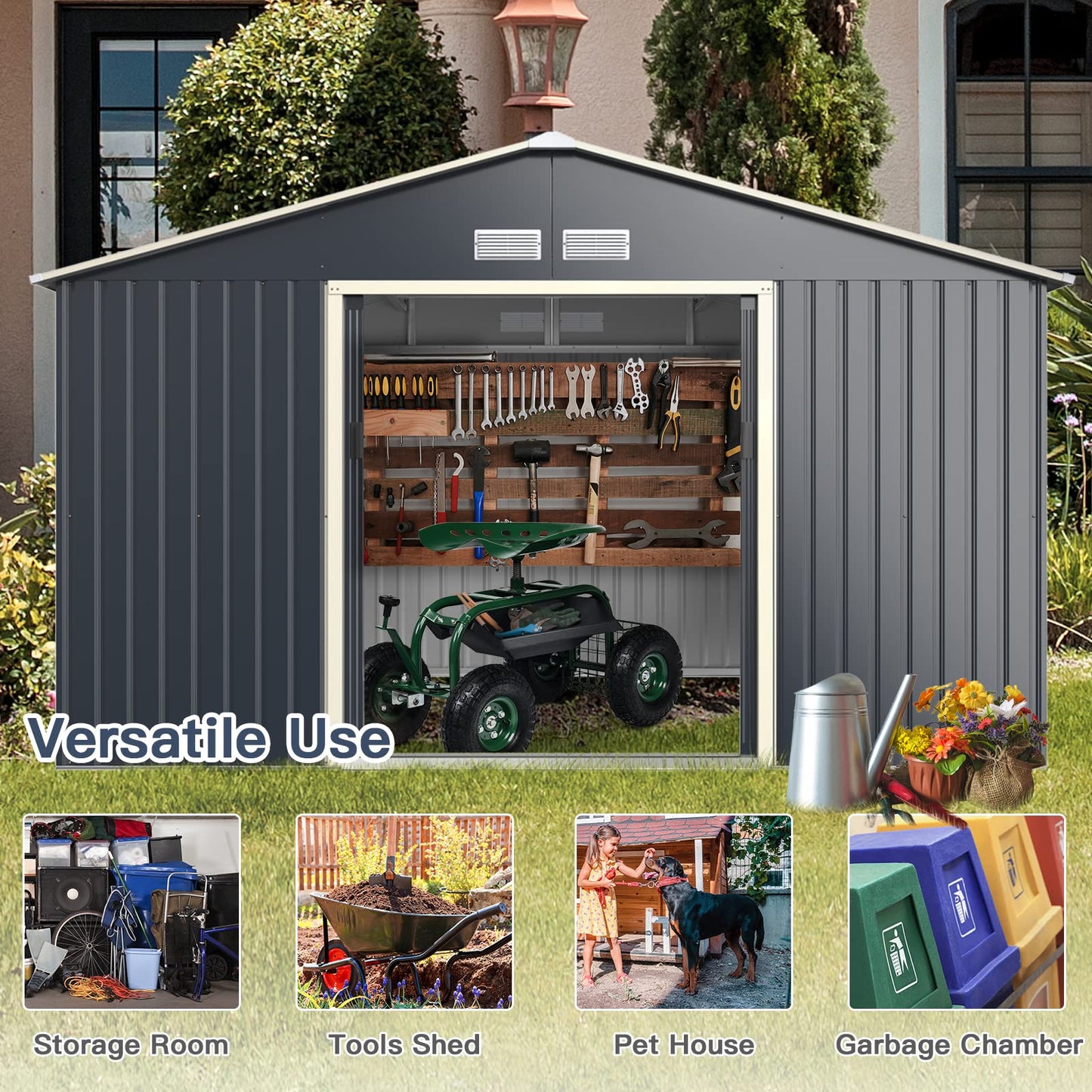 Giantex Outdoor Storage Shed with Double Sliding Door, Galvanized Metal Garden Storage Room, Front and Back Vent, Weather Resistant Tool Storage Shed for Backyard, Patio, Lawn (11 x 8 FT) 11 x 8 FT