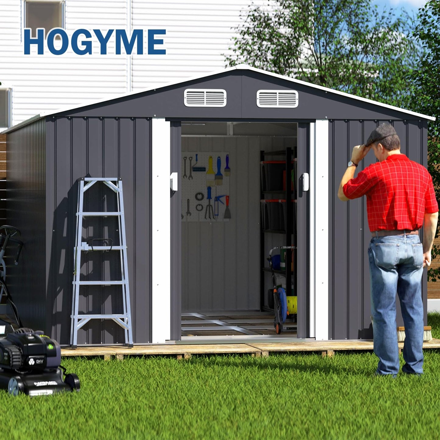 HOGYME Abri de rangement extérieur de 10,5' x 9,1', grands abris et espace de rangement extérieur adapté à l'échelle de tondeuse à gazon, abri de jardin en métal avec porte verrouillable/coulissante, gris 9,1x10,5