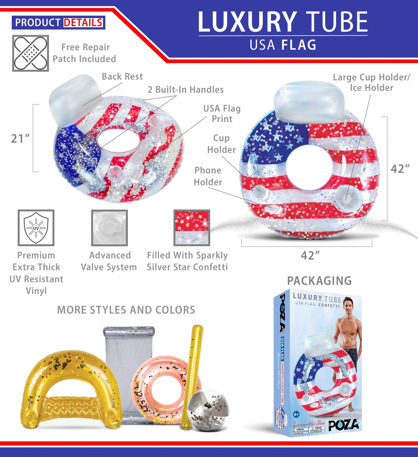 POZA Inflatable USA Pool Float - Luxurious Fun Lounger Filled with Sparkle Silver Stars Confetti, Cool USA Flag Design Water Swimming Pool Floaties for Beach, Lake & Pool USA Luxury Tube