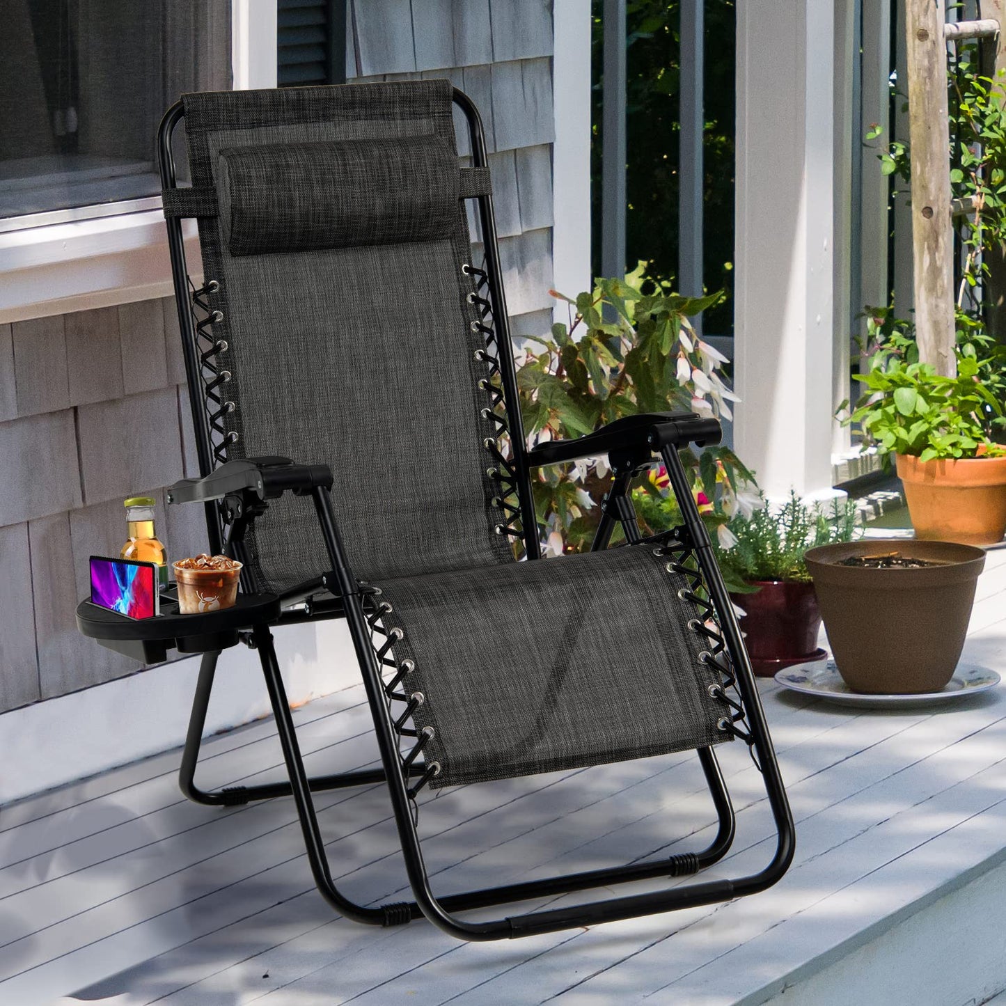 Goplus Zero Gravity Chair, Adjustable Folding Reclining Lounge Chair with Pillow and Cup Holder, Patio Lawn Recliner for Outdoor Pool Camp Yard (1, Grey) set of 1