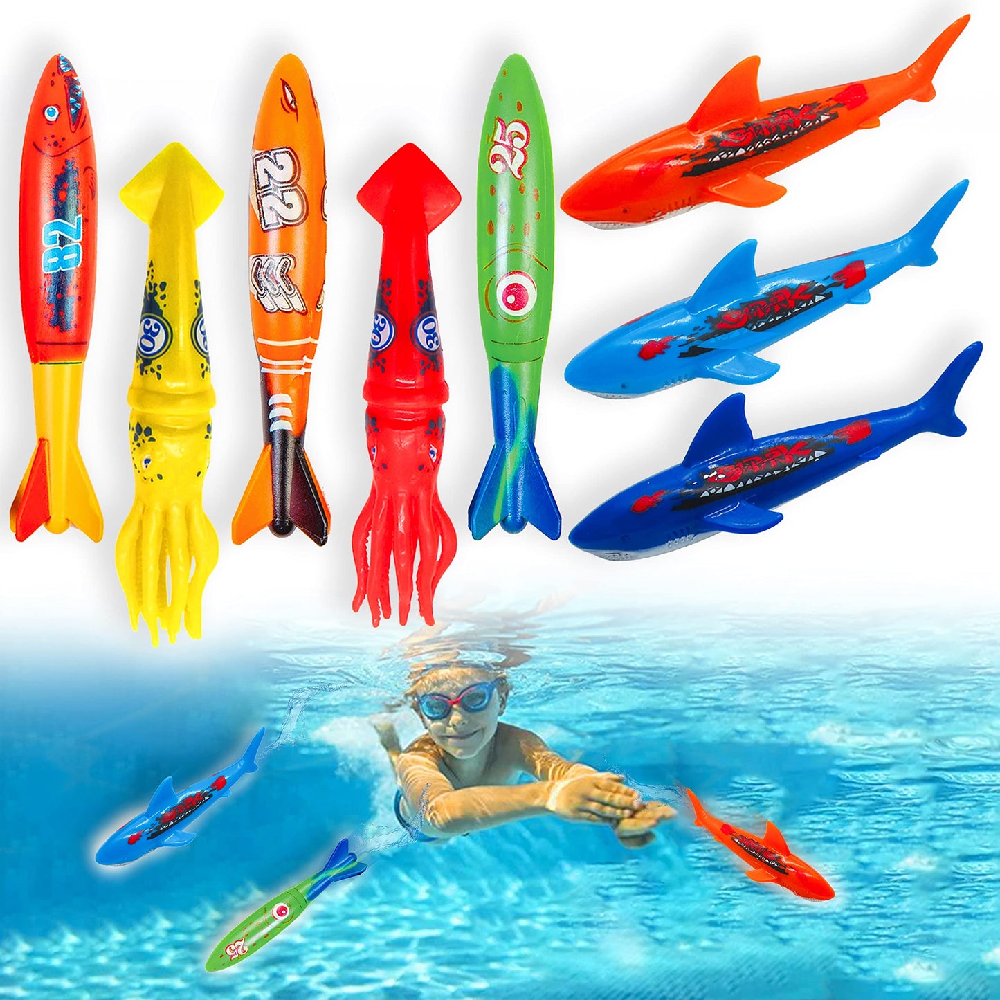 Pool Diving Toy Set for Kids, Practice Diving and Swimming, Underwater Sinking Torpedos, Sharks and Squids Multicolor Assorted