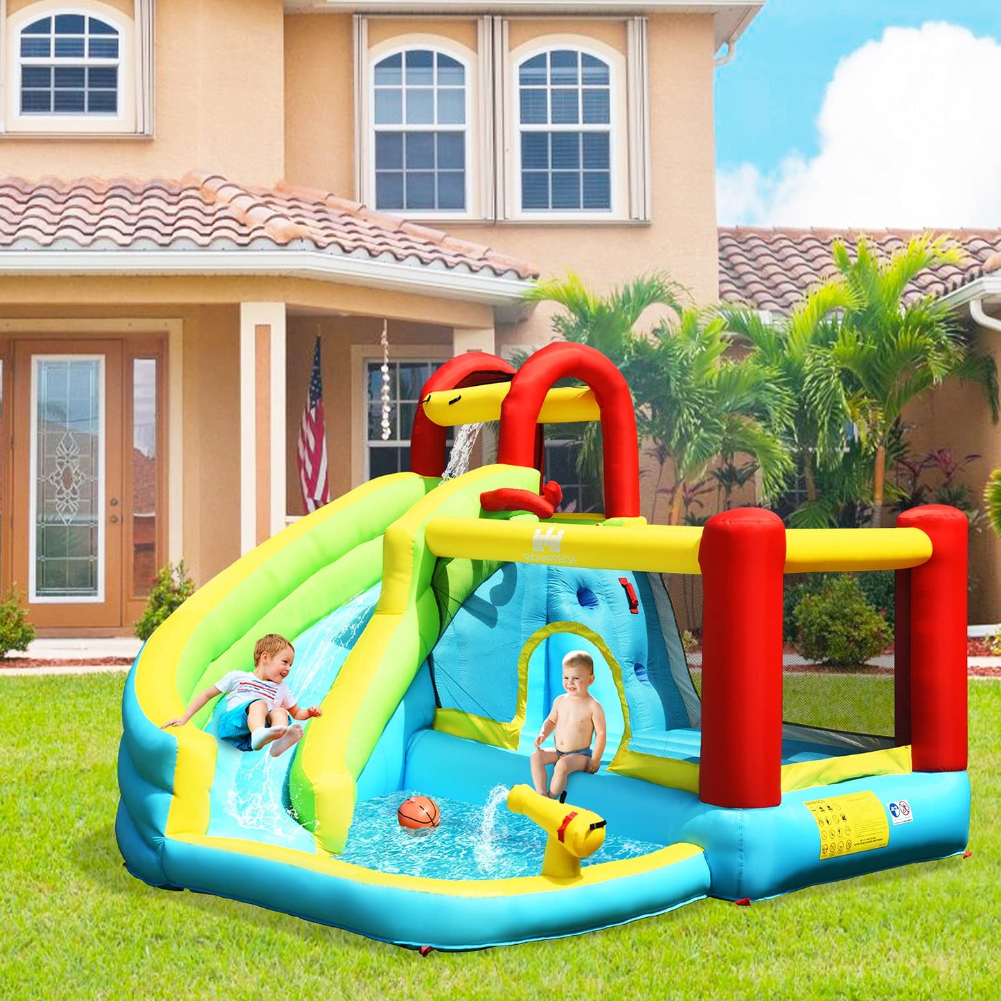 HONEY JOY Inflatable Water Slide, Water Bounce House & Water Park w/Splash Pool & Slides, Climbing Wall, Indoor Outdoor Blow up Water Slides Inflatables for Kids and Adults Backyard(with 480w Blower) With 480w Blower
