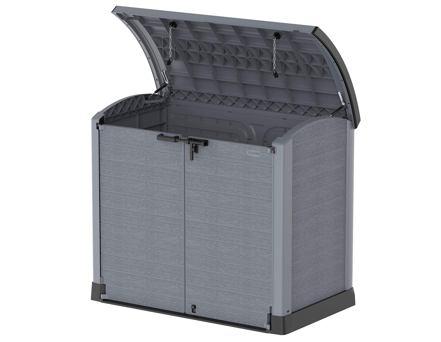 Duramax Cedargrain StoreAway 1200L Plastic Garden Storage Shed/Arc Lid - Outdoor Storage Bike Shed – Durable & Strong Construction– Ideal for Tools, Bikes, BBQs & 2X 240L Bins, 145x85x125 cm, Grey Arc Lid Gray 1200 Litre