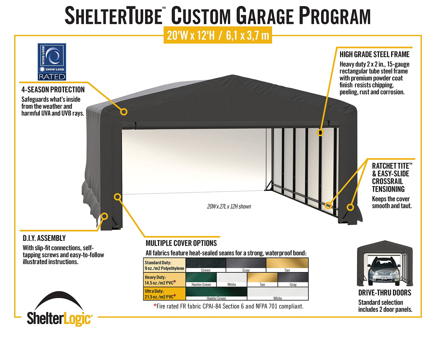 ShelterLogic ShelterTube Abri de garage et de stockage, 20' x 27' x 12', cadre en acier robuste, boîtier résistant au vent et à la neige, vert 20' x 27' x 12'