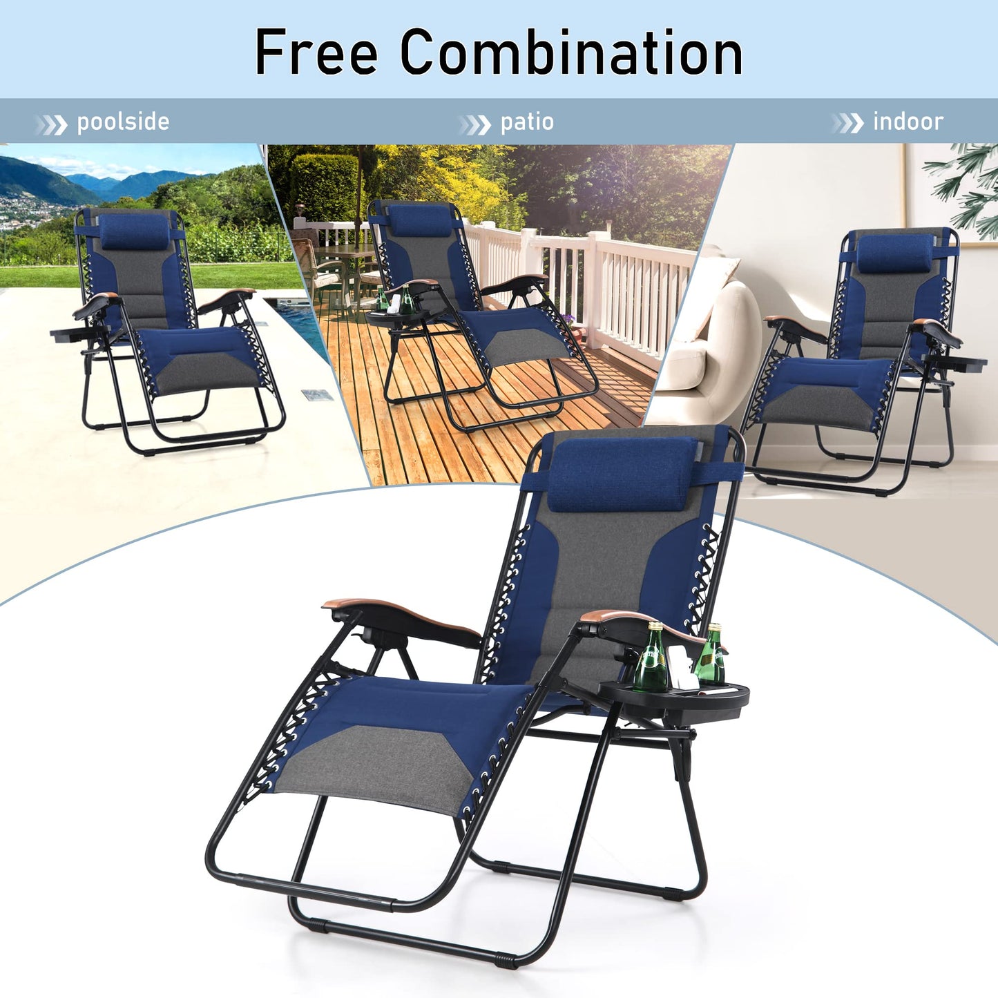 PHI VILLA Oversize XL Padded Zero Gravity Lounge Chair Family Lovers Pack with Wide Armrest Foldable Recliner, Set of 2, Support 400 LBS (Blue) Thumb Blue-oversized 2-Pack