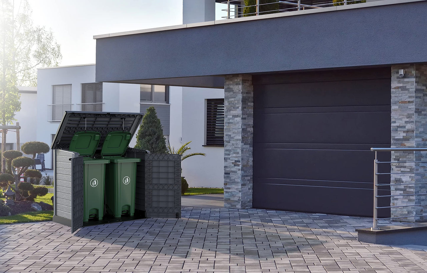Duramax Cedargrain StoreAway Abri de Jardin en Plastique 1200 L/Couvercle Plat – Abri de Rangement extérieur pour vélo – Construction Durable et Solide – Idéal pour Outils, vélos, BBQ et 2 Poubelles de 240 L, 145 x 85 x 125 cm, Gris