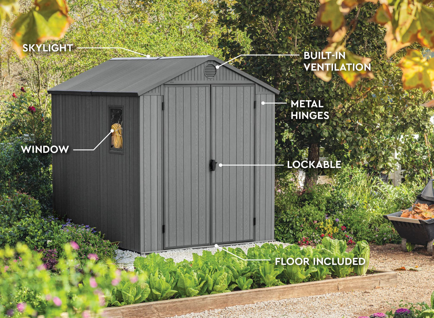 Keter Darwin Abri de rangement spacieux et robuste de 6 x 8 pieds pour organiser les accessoires de jardin et les outils d'extérieur avec doubles portes et plafond haut, gris