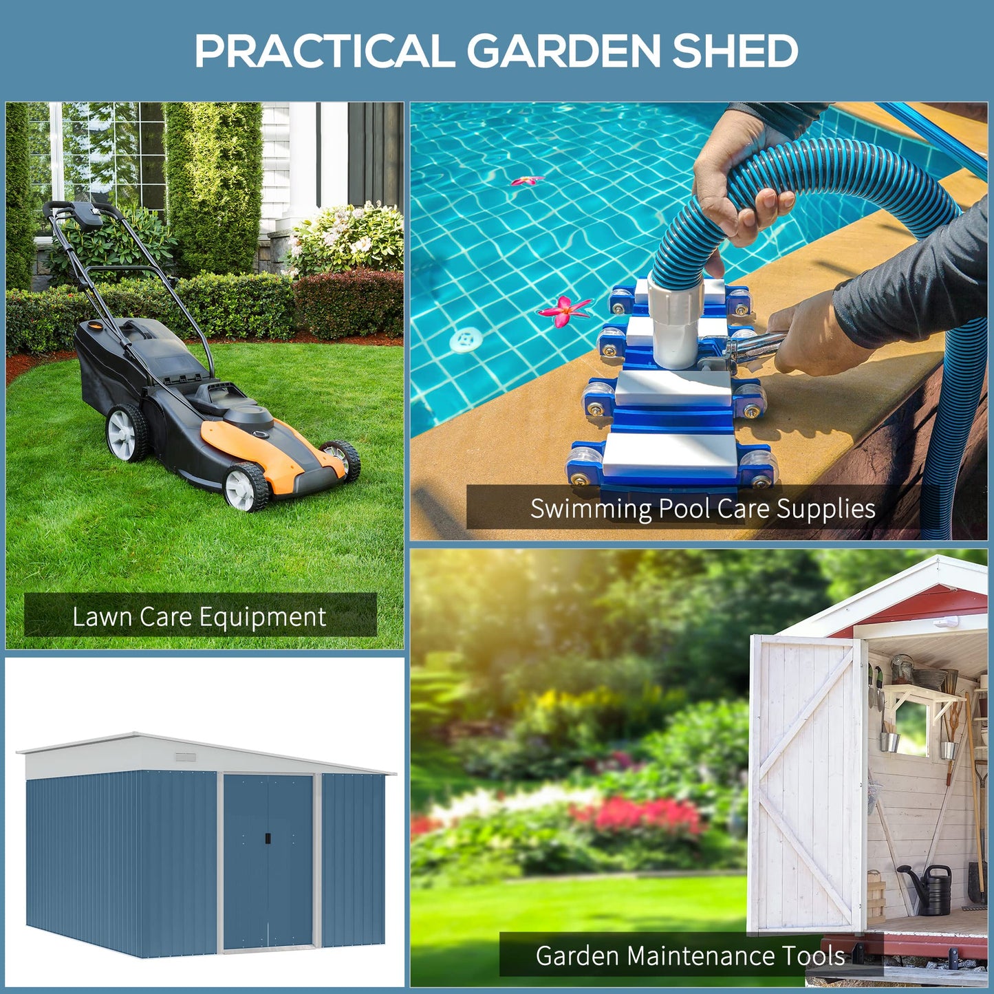 Outsunny Abri de jardin en acier de 11' x 9' avec maison à outils en métal avec doubles portes coulissantes verrouillables et 2 bouches d'aération, bleu