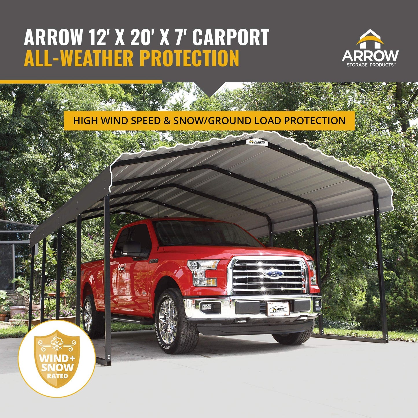 Arrow Shed Abri multi-usage en métal robuste en acier galvanisé 12 x 20 x 7 pieds, abat-jour, abri d'auto, 12' x 20' x 7', couleur charbon