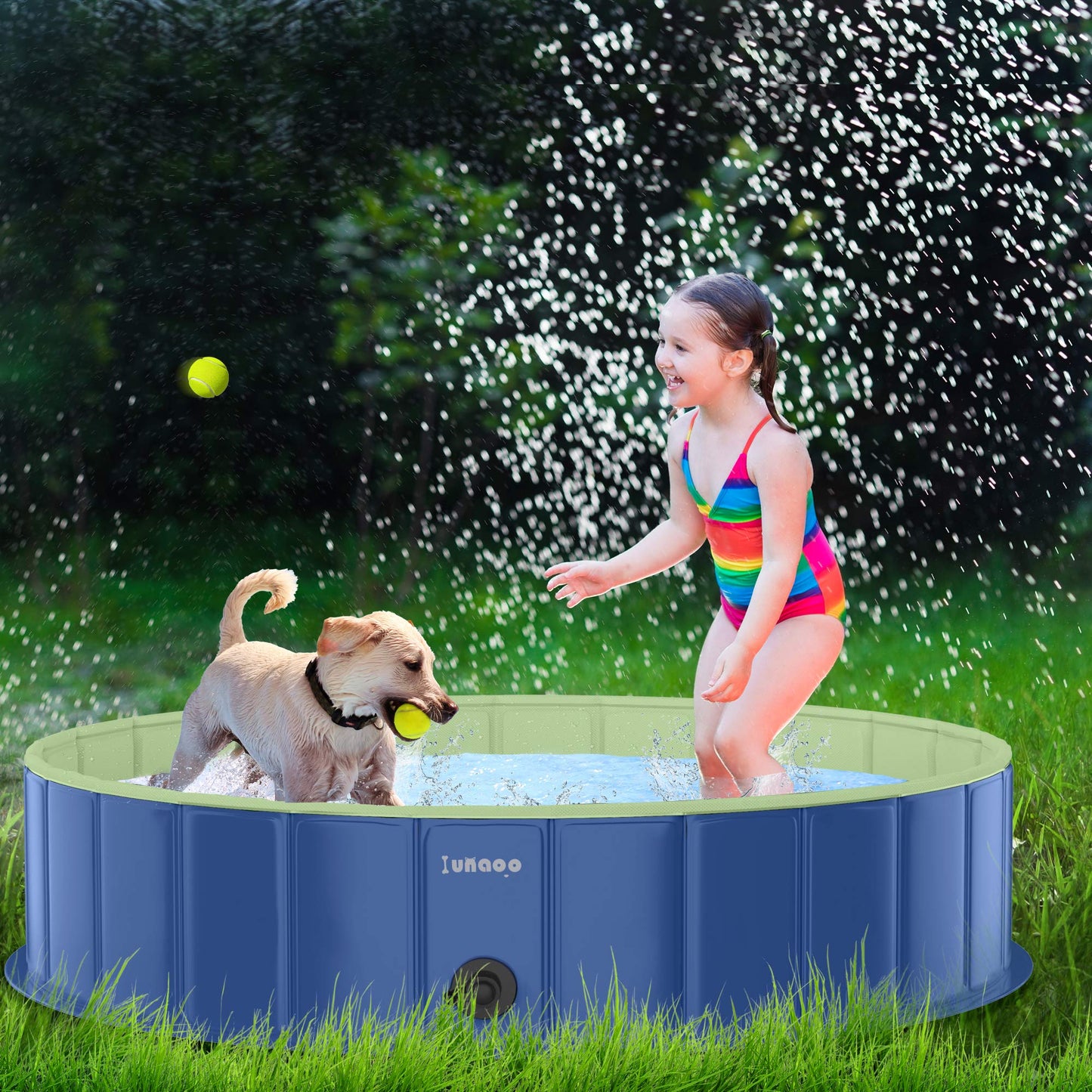 Piscine pliable pour chien par LUNAOO - Piscine portable pour enfants, piscine extérieure en PVC durable pour grands petits chiens (L - 47'' x 12'', bleu marine vert) L - 47'' x 12''