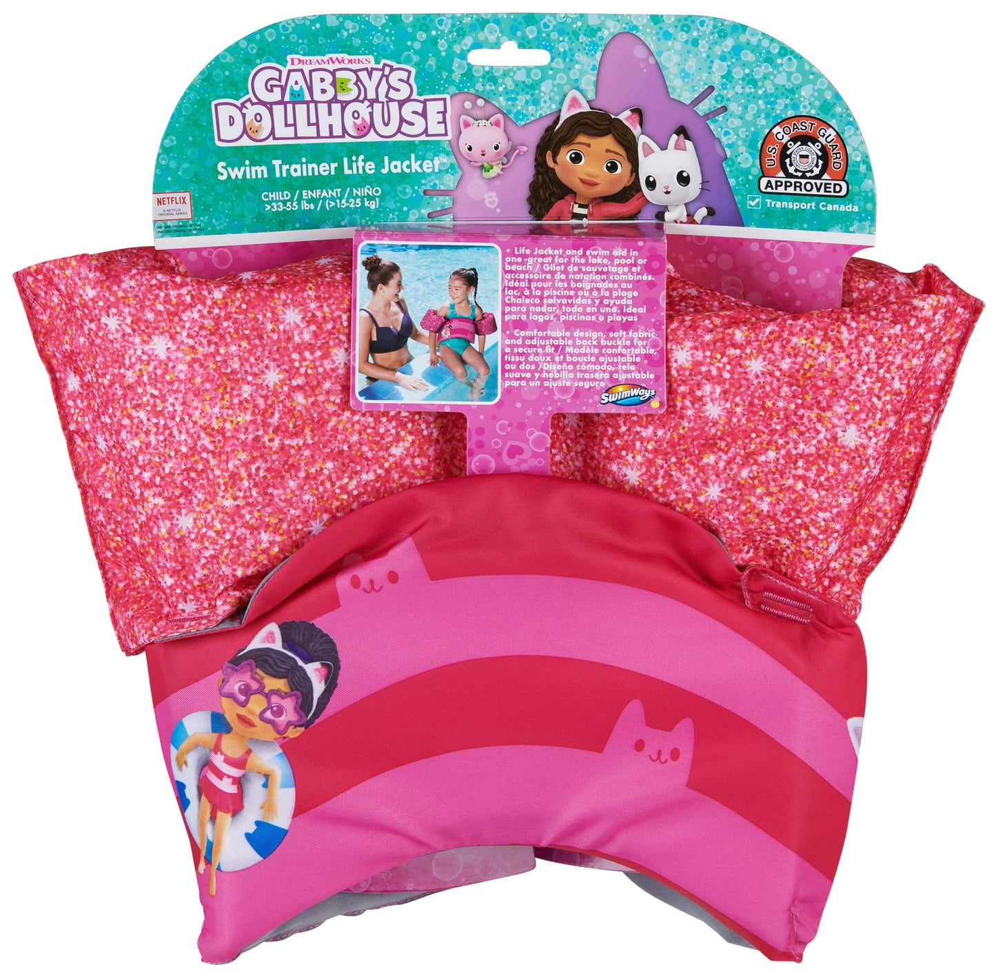 SwimWays Gabby's Dollhouse Swim Trainer, US Coast Guard Approved Life Vest Kids Swim Vest, Arm Floaties & Life Jackets for Kids 33-55 lbs, Gabby