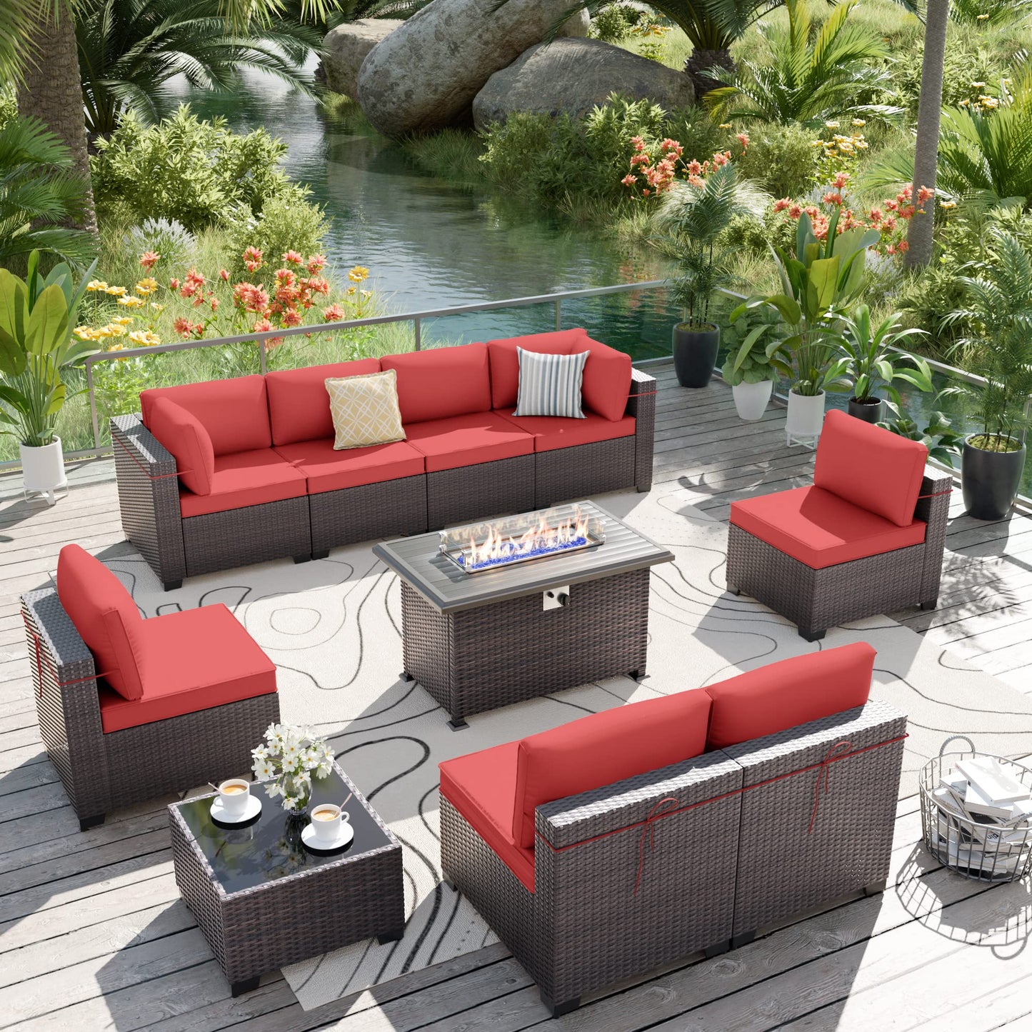 ALAULM 10 Pieces Patio Furniture Set with Propane Fire Pit Table Outdoor Sectional Sofa Sets Patio Furniture