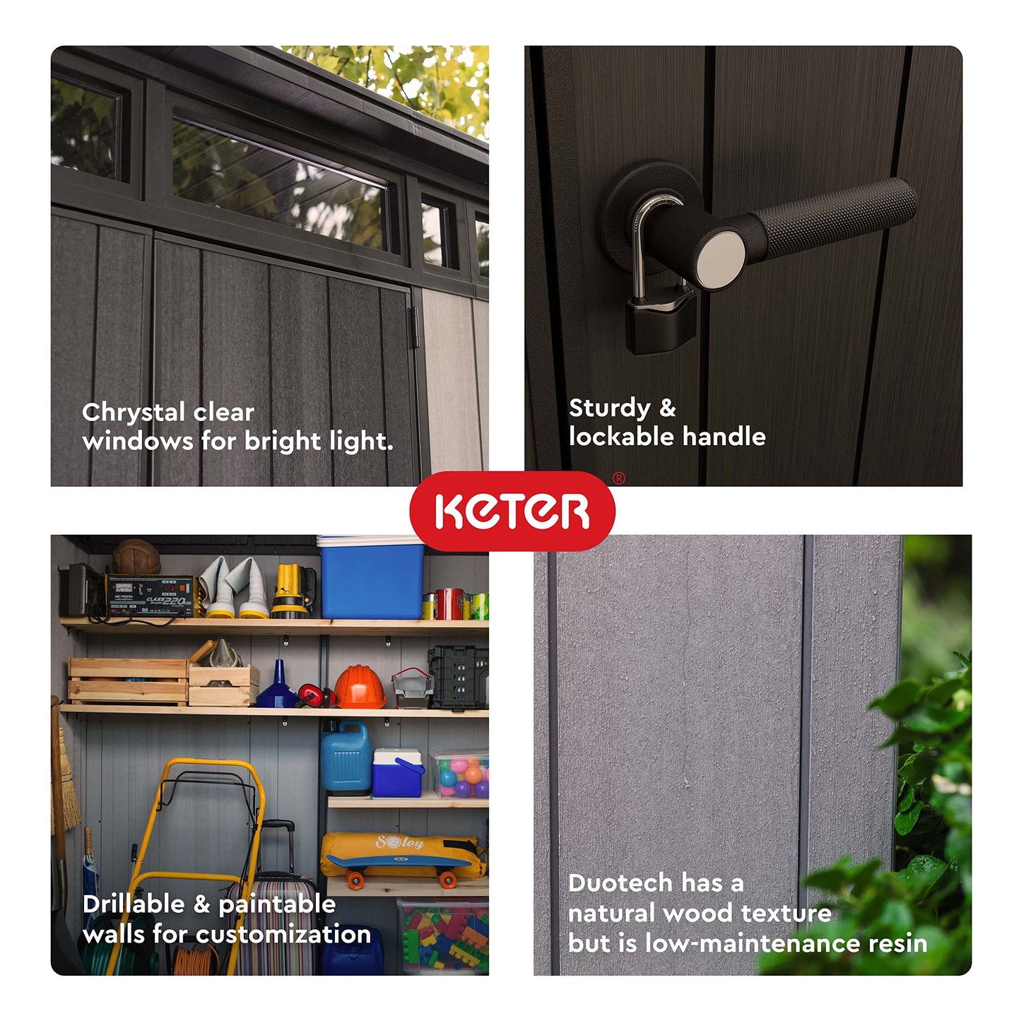 Keter Artisan Grand abri extérieur de 9 x 7 pieds avec sol au design moderne pour meubles de patio, tondeuse à gazon, outils et rangement pour vélos, pieds, gris/noir