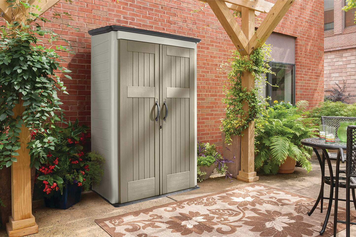 Rubbermaid Outdoor Small Vertical Resin Storage Shed, 5x2 Feet, Brown, Weather Resistant Utility Shed with Lock for Storage for Lawn Accessories/Power Tools/Outdoor Toys/Hose 5'x2'
