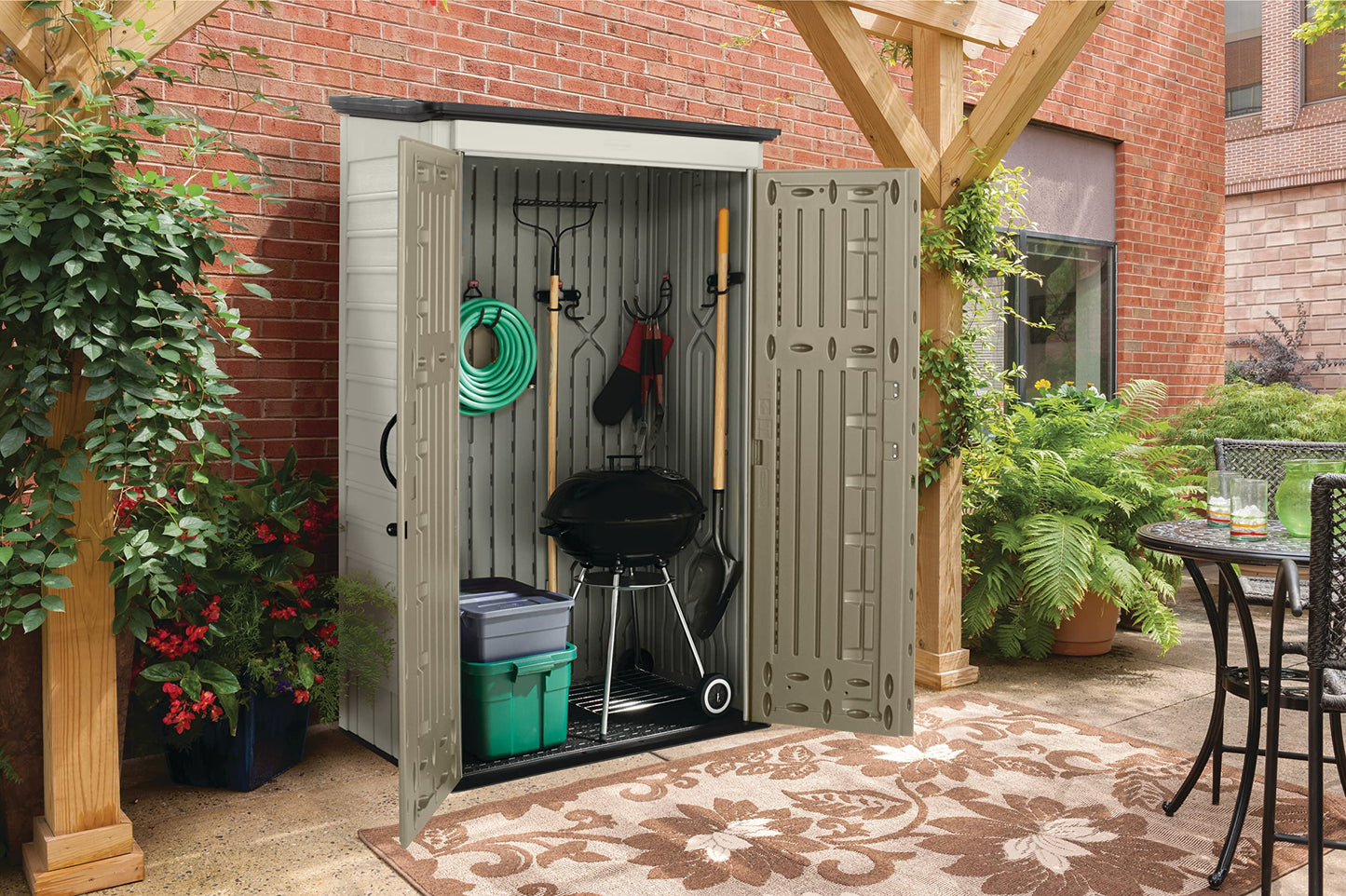 Rubbermaid Outdoor Small Vertical Resin Storage Shed, 5x2 Feet, Brown, Weather Resistant Utility Shed with Lock for Storage for Lawn Accessories/Power Tools/Outdoor Toys/Hose 5'x2'