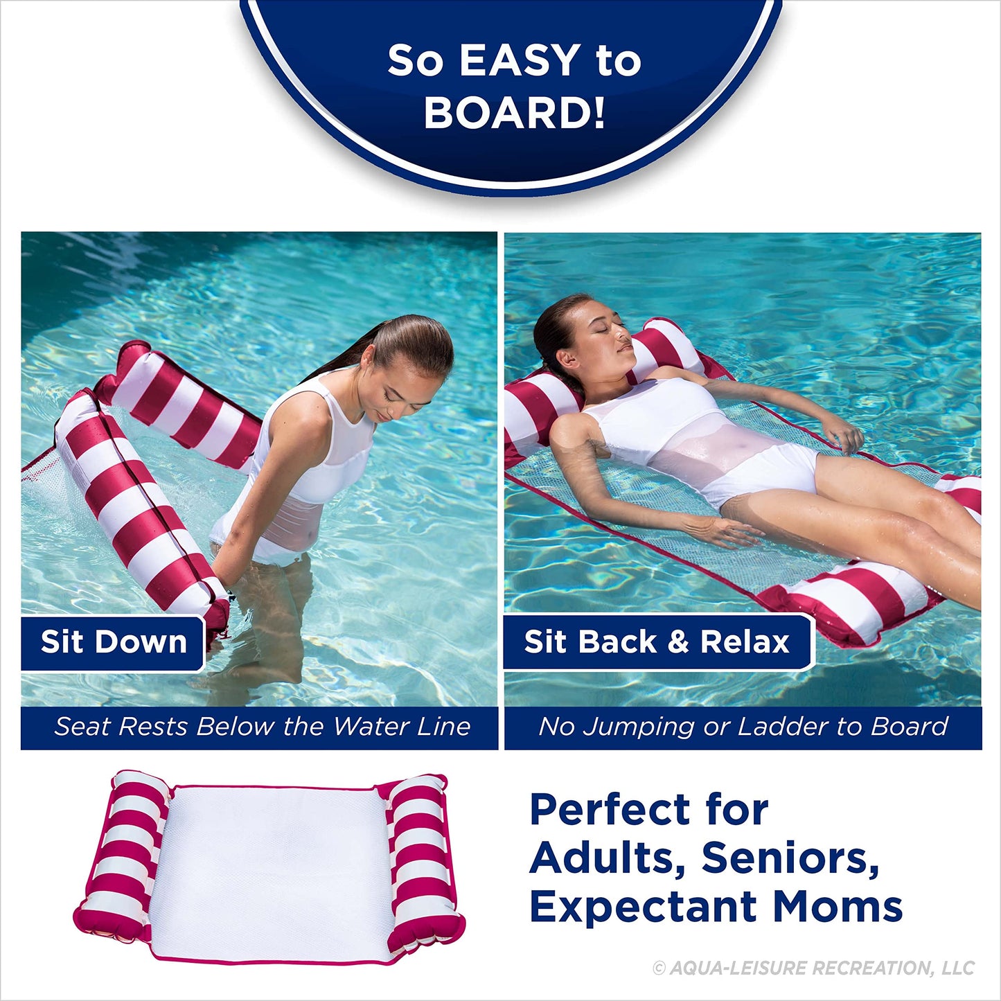 Aqua Original 4-in-1 Monterey Hammock Pool Float & Water Hammock – Multi-Purpose, Inflatable Pool Floats for Adults – Patented Thick, Non-Stick PVC Material Burgundy – Hammock